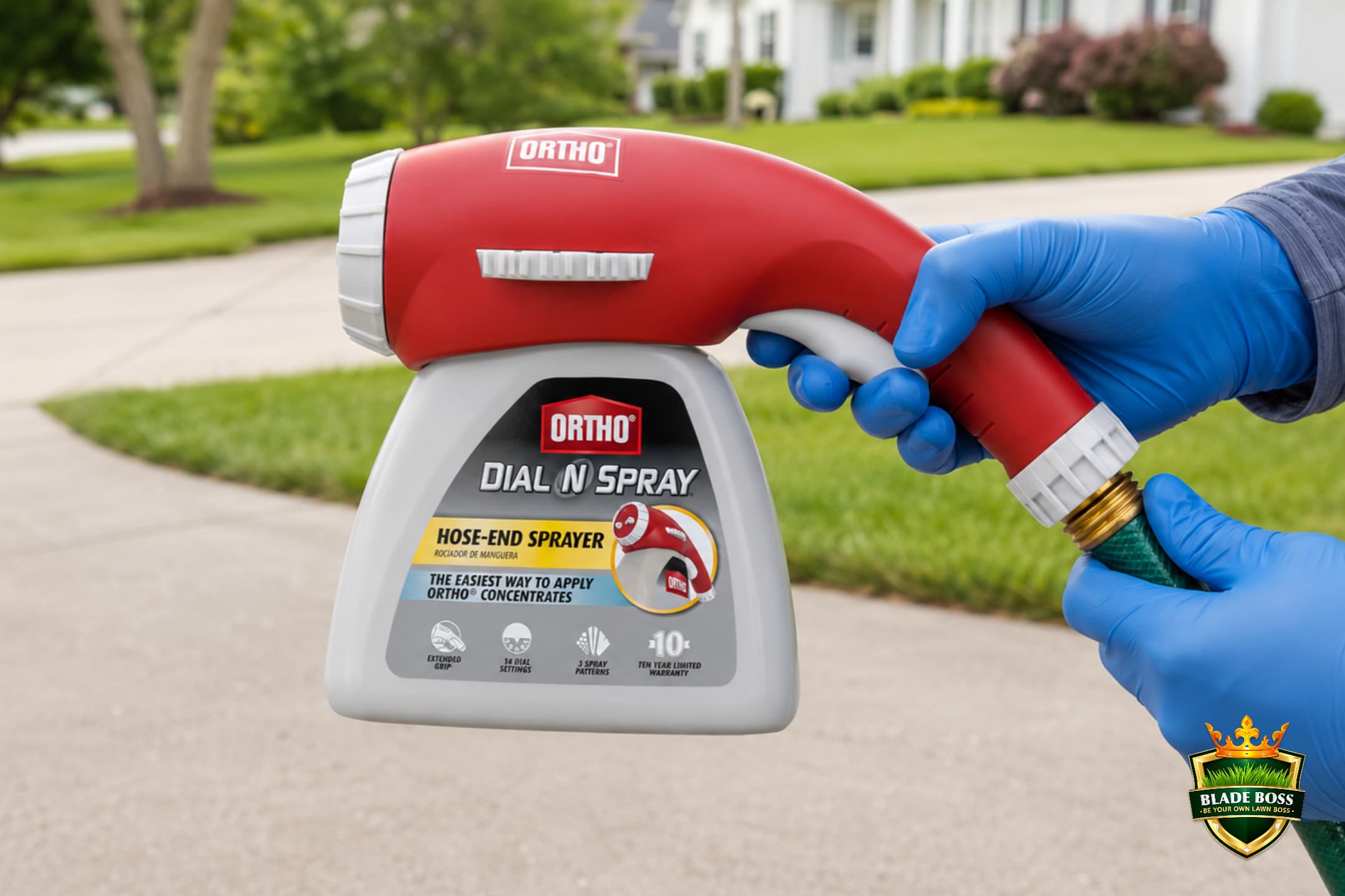 Homeowner in chemical-resistant gloves and long sleeves attaching a hose-end sprayer to a garden hose to apply lawn fungicide safely