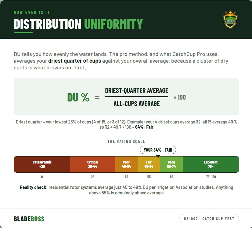 Formula card showing how to calculate sprinkler precipitation rate from average catch cup depth and run time, with the 15-minute multiply-by-4 shortcut