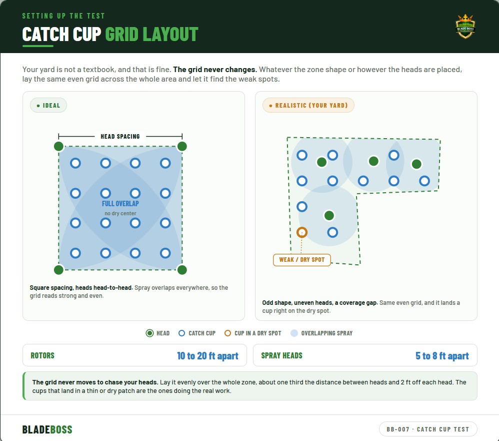 Top-down diagram of an irrigation zone with catch cups laid out in an even grid pattern across the whole zone for an accurate distribution uniformity test