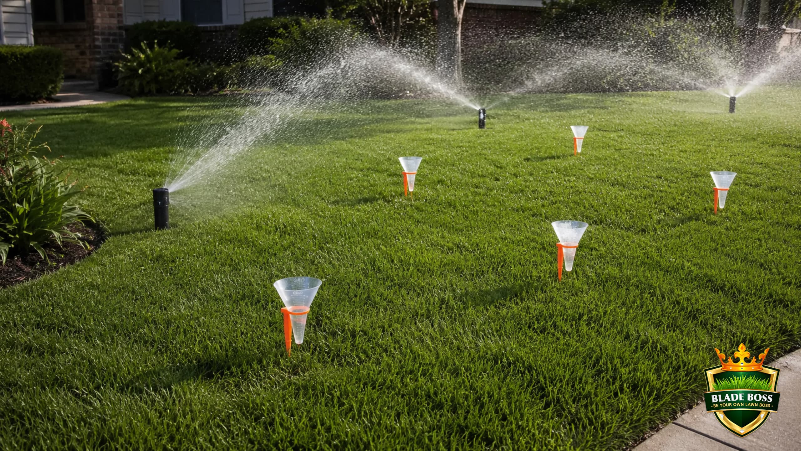 An irrigation zone running with rotor heads spraying while cone catch cups on orange stakes collect water across the lawn