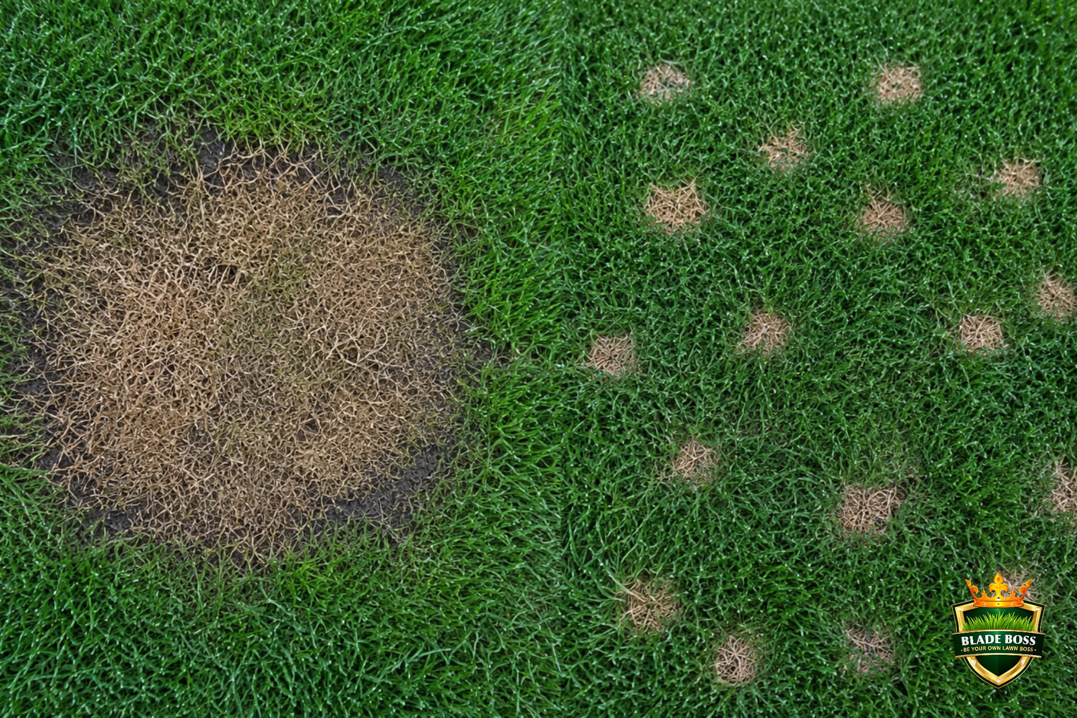 Side-by-side comparison of brown patch disease circle and dollar spot lesions on a cool-season lawn for identification