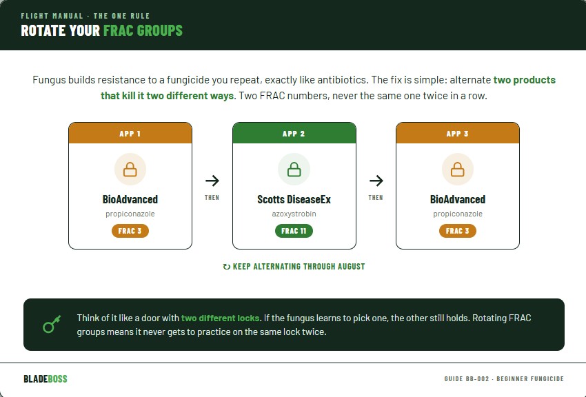 Diagram showing how to rotate FRAC group 3 (BioAdvanced, propiconazole) and FRAC group 11 (Scotts DiseaseEx, azoxystrobin) lawn fungicides, alternating every application through summer