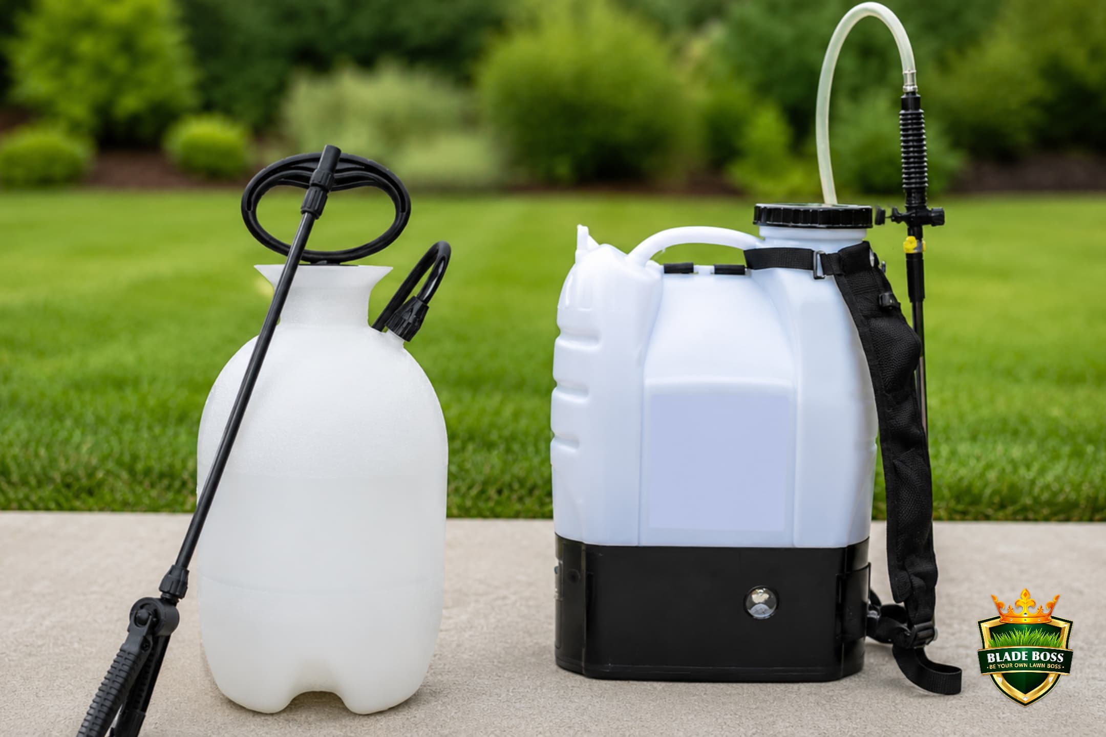 Two lawn sprayers side by side: a 2-gallon hand-pump sprayer and a battery backpack sprayer, for comparing fungicide application options