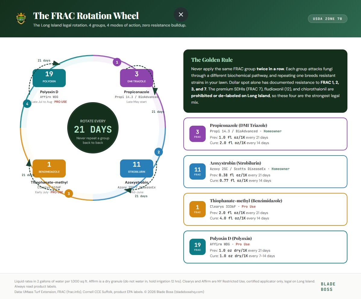 FRAC rotation wheel infographic for Long Island Zone 7B showing the four legal fungicide groups, propiconazole (FRAC 3), azoxystrobin (FRAC 11), thiophanate-methyl (FRAC 1), and polyoxin D (FRAC 19), in a 21-day rotation with preventive and curative rates