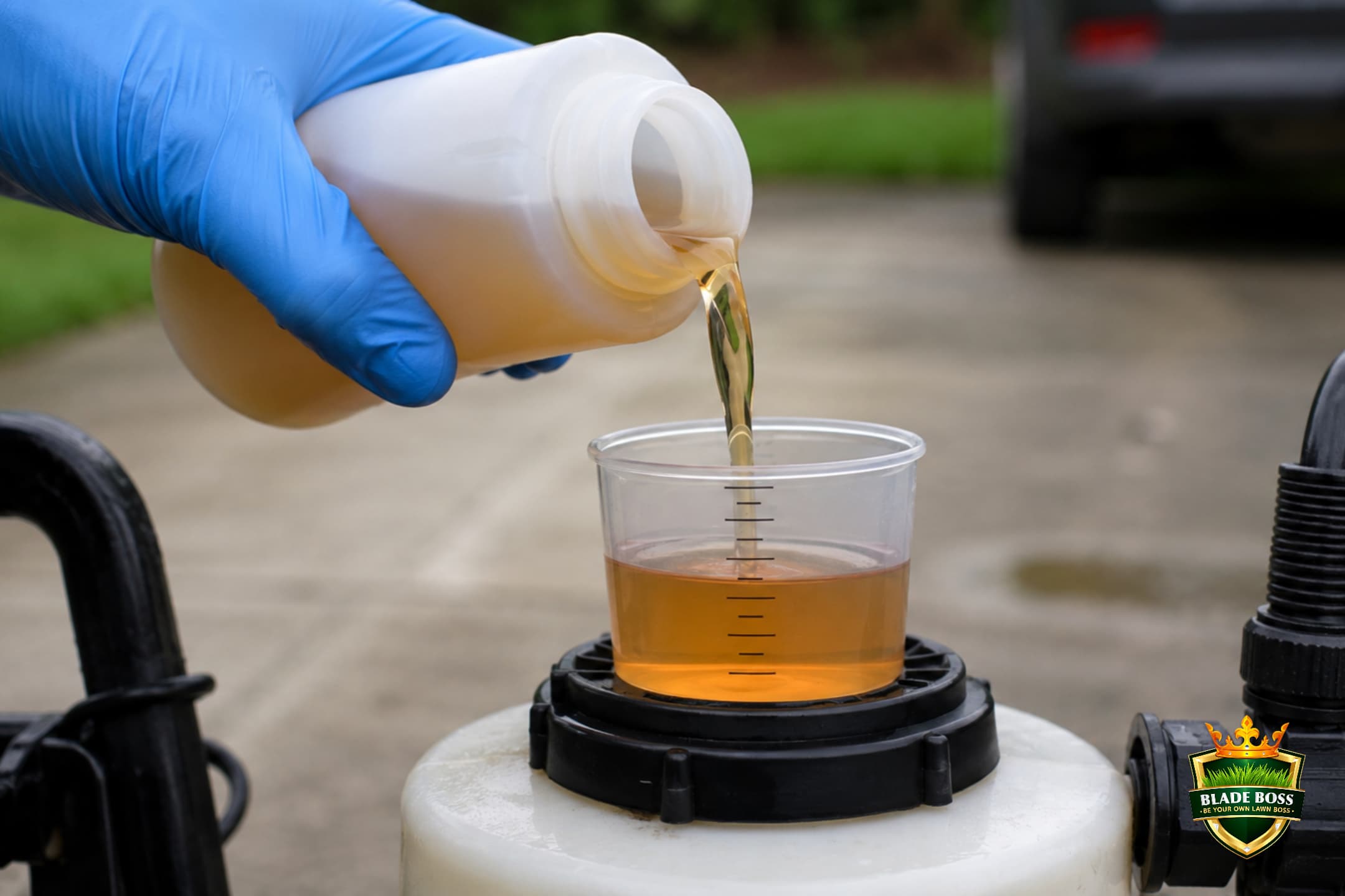 Gloved hand pouring fungicide concentrate into a milliliter measuring cup to hit the exact rate for the four-group rotation