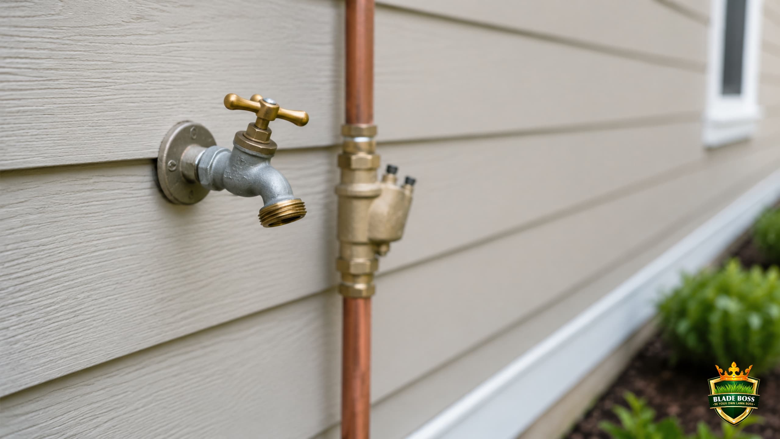 Outdoor spigot and irrigation backflow connection on a residential house, the closest tap for an accurate sprinkler bucket test
