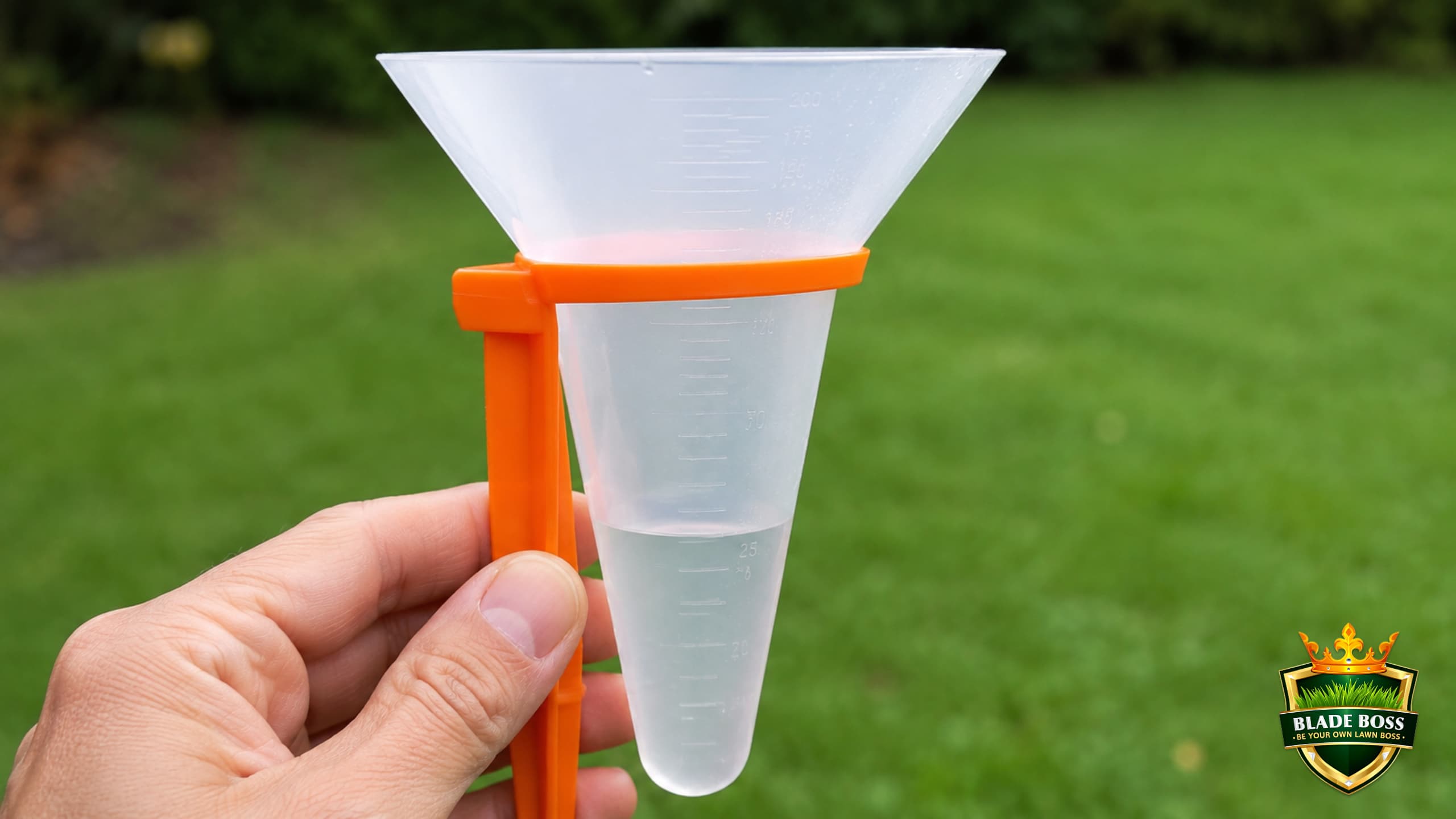 A hand holding a cone-shaped catch cup on an orange stake at eye level to read the precipitation markings where the collected water line sits