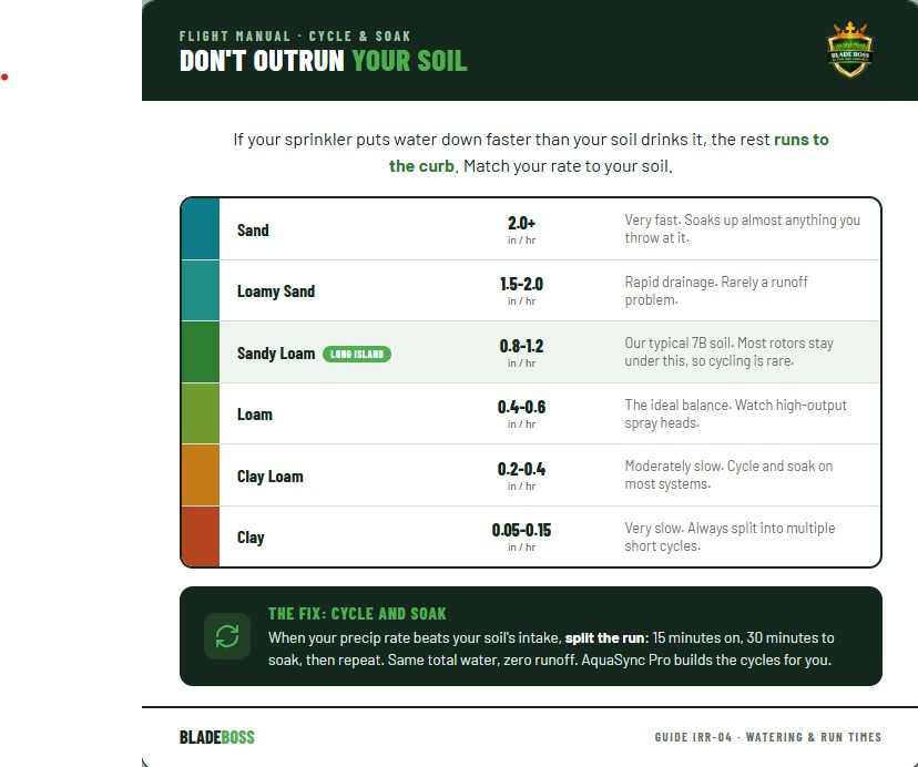 Soil infiltration ladder from sand at 2.0 plus inches per hour down to clay at 0.05 to 0.15 inches per hour, with sandy loam flagged as typical Long Island soil and a cycle and soak fix