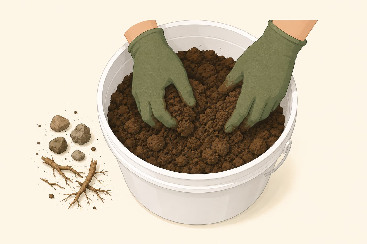 Hands mixing soil cores together in a clean plastic bucket