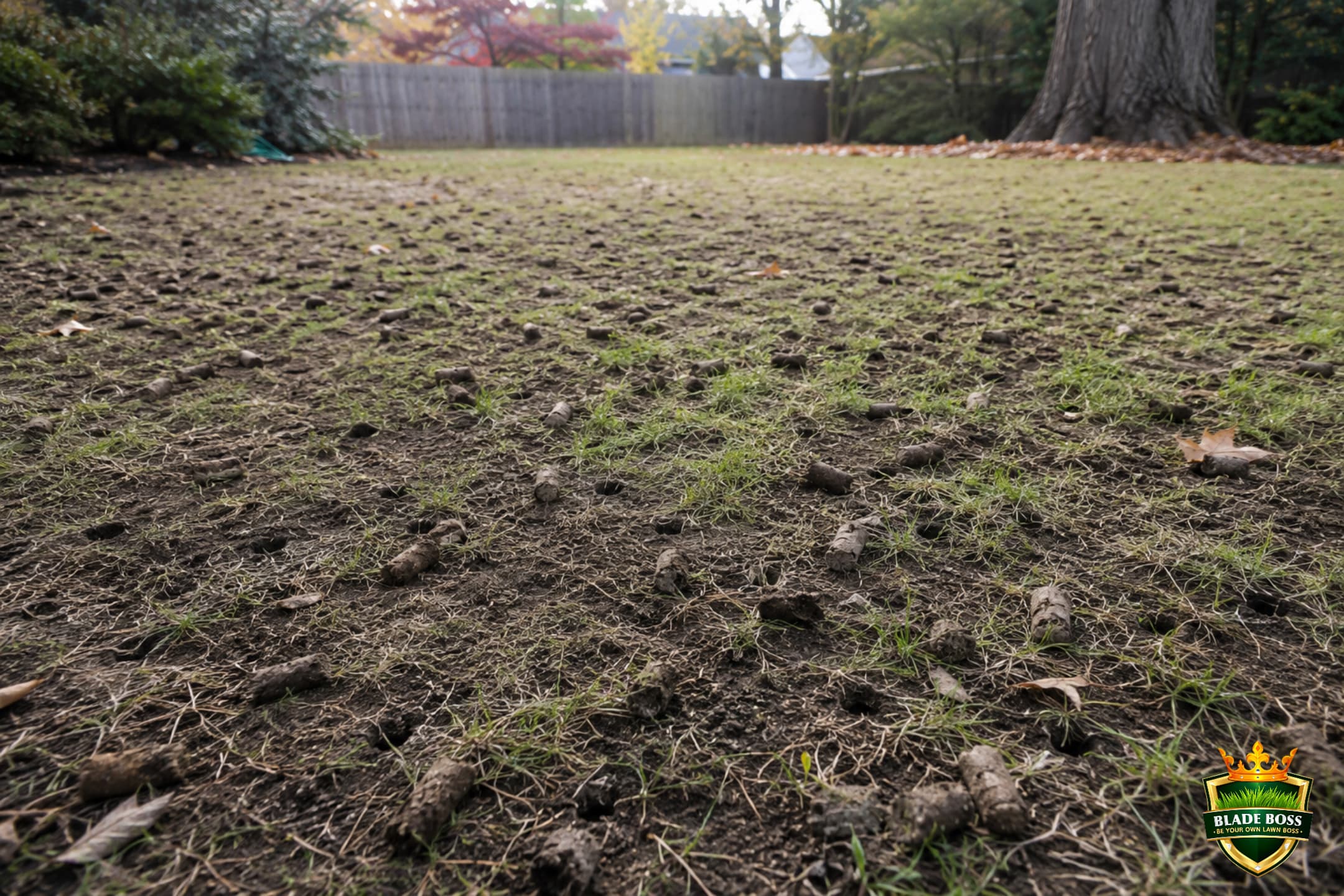 Freshly core aerated lawn mowed low with soil plugs and bare soil exposed, prepared for overseeding