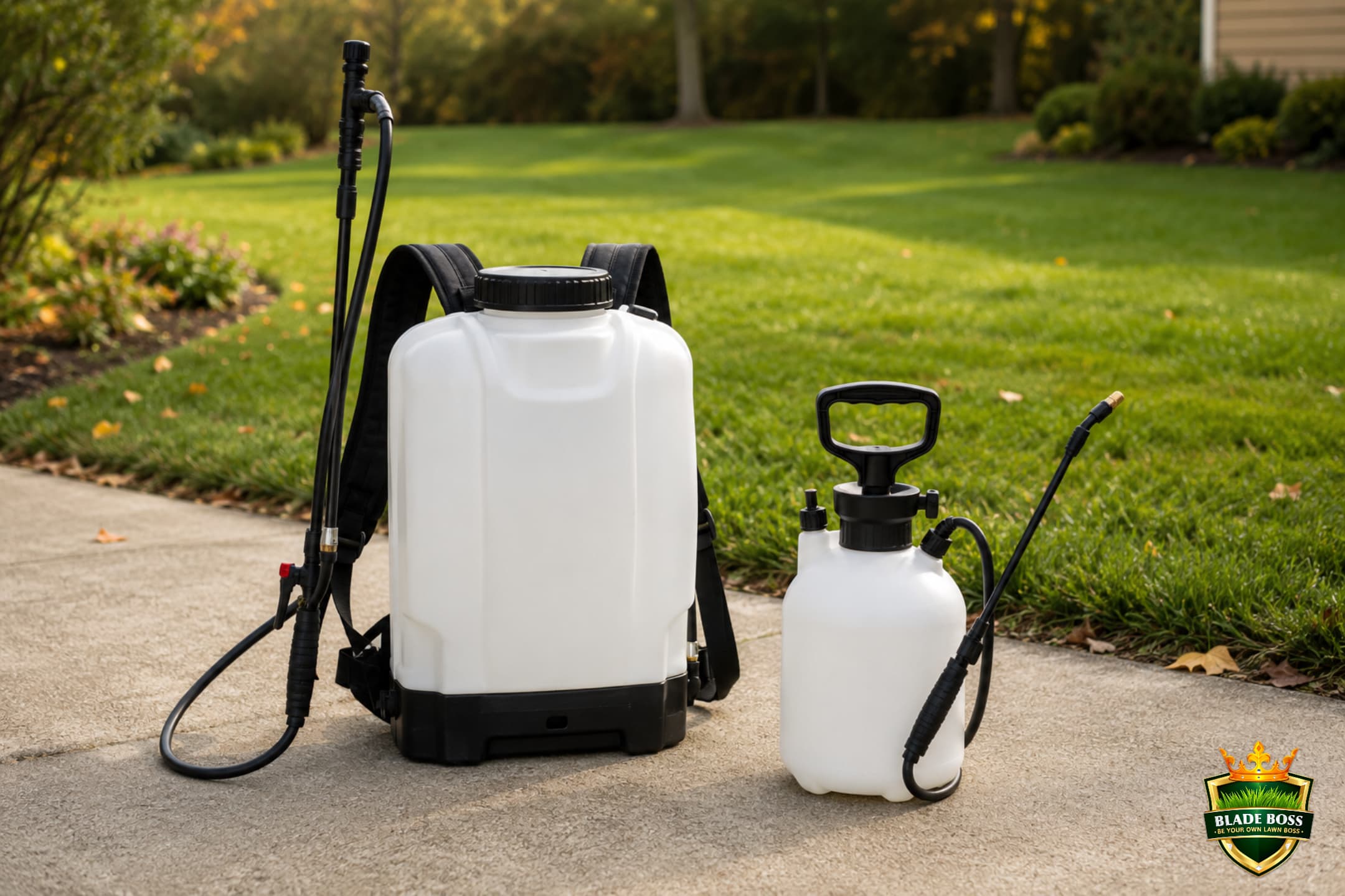 A backpack sprayer and a handheld pump sprayer side by side on a driveway, the two options for whole-lawn versus spot weed spraying