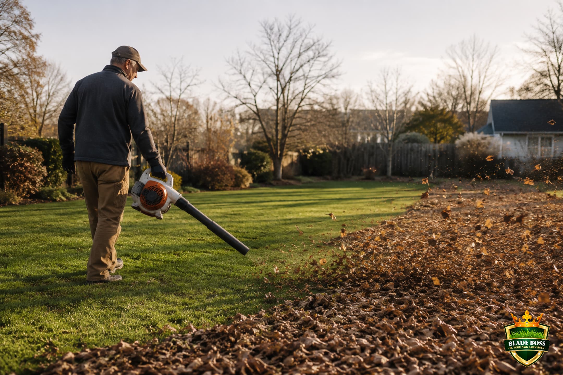 A person using a leaf blower to clear the last fallen leaves off a green lawn in late autumn, revealing clean turf behind