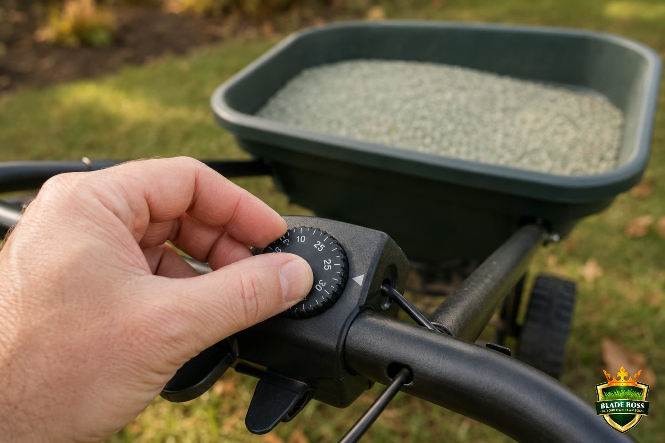 Hand adjusting the numbered rate setting dial on a broadcast lawn spreader loaded with fertilizer granules