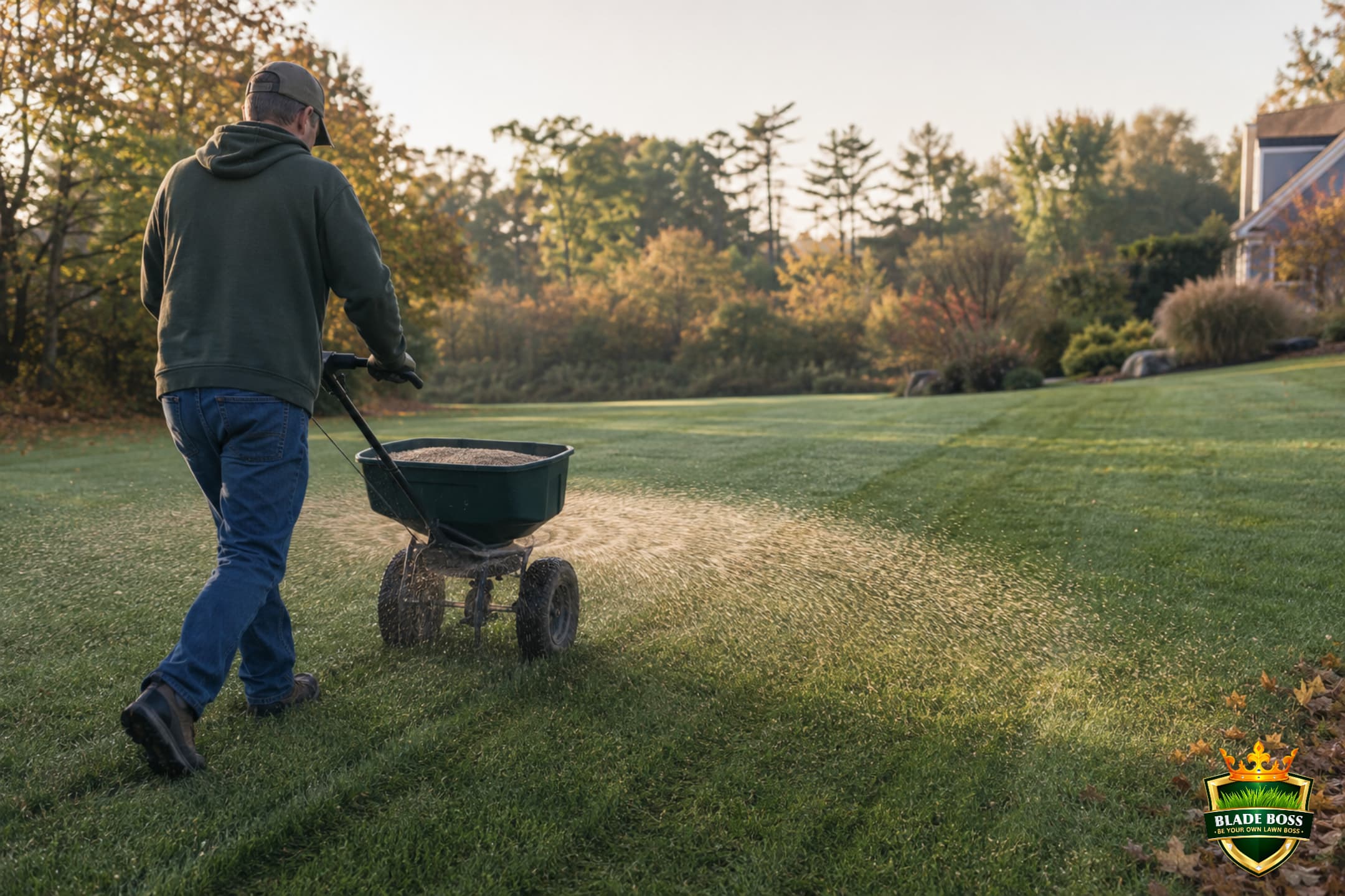 Broadcast spreader fanning grass seed evenly across a lawn during overseeding
