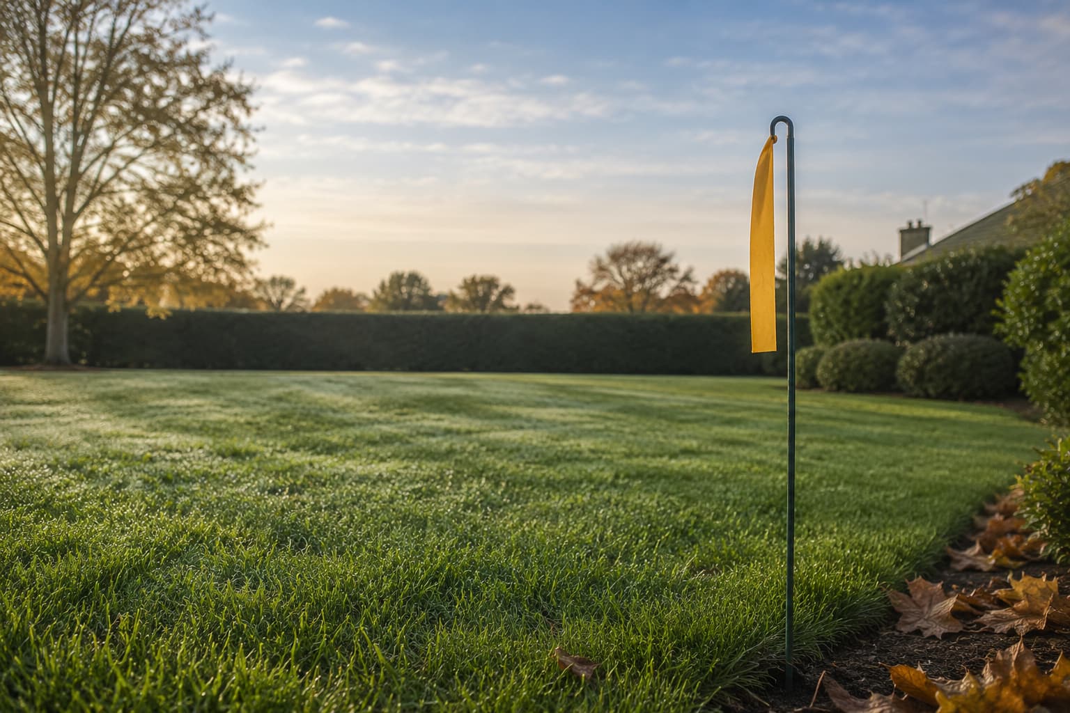 A calm still morning lawn with a limp ribbon on a stake showing no wind, ideal drift-free spraying conditions