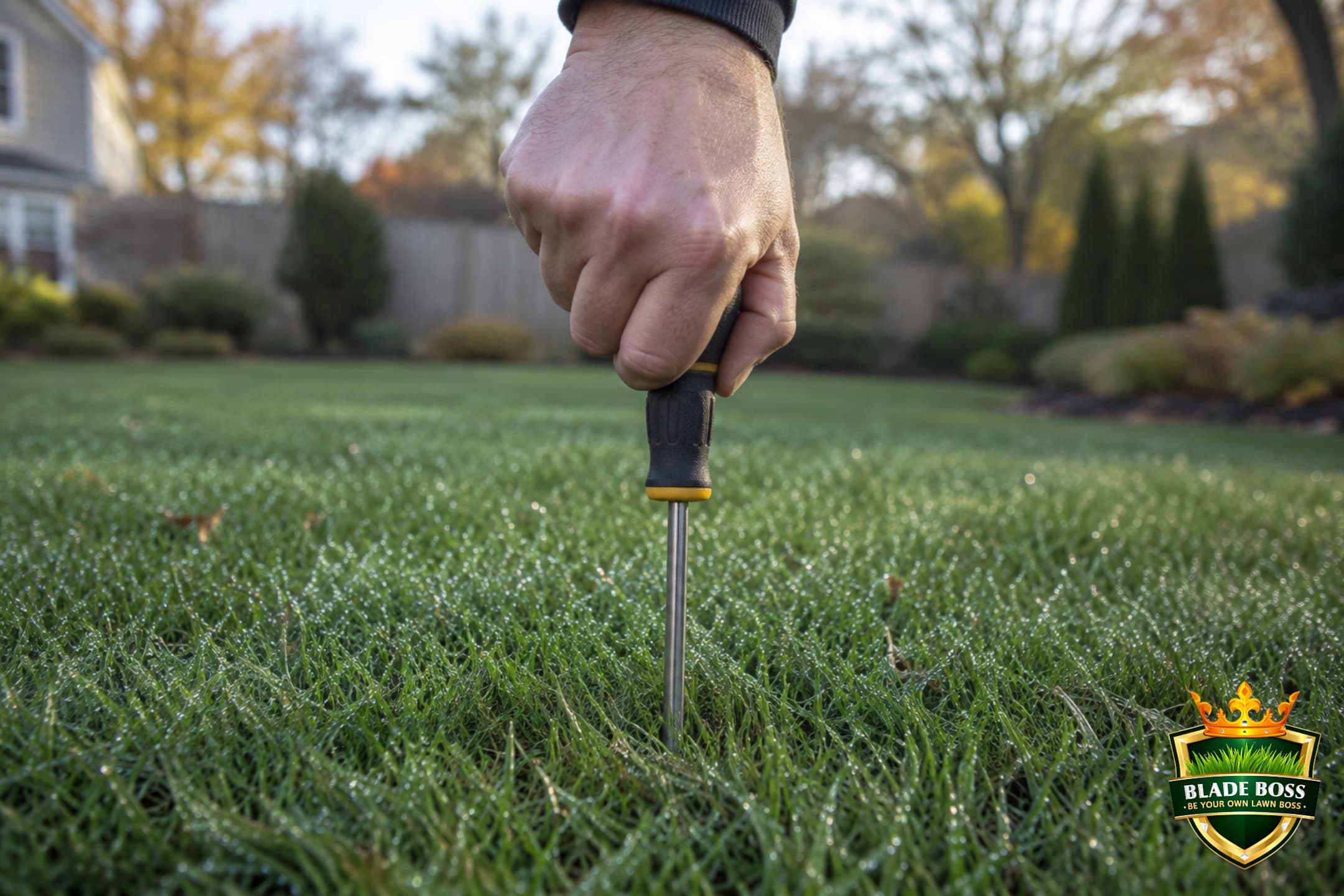 Testing lawn soil moisture before dethatching by pushing a long screwdriver into the turf