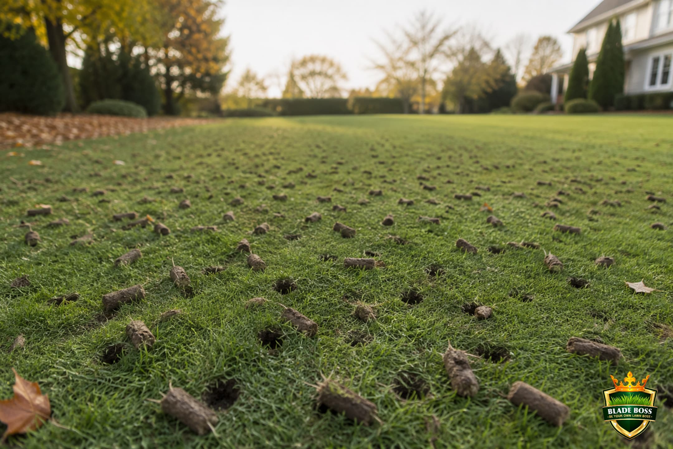 Freshly core-aerated lawn covered in soil plugs, ready to be topdressed