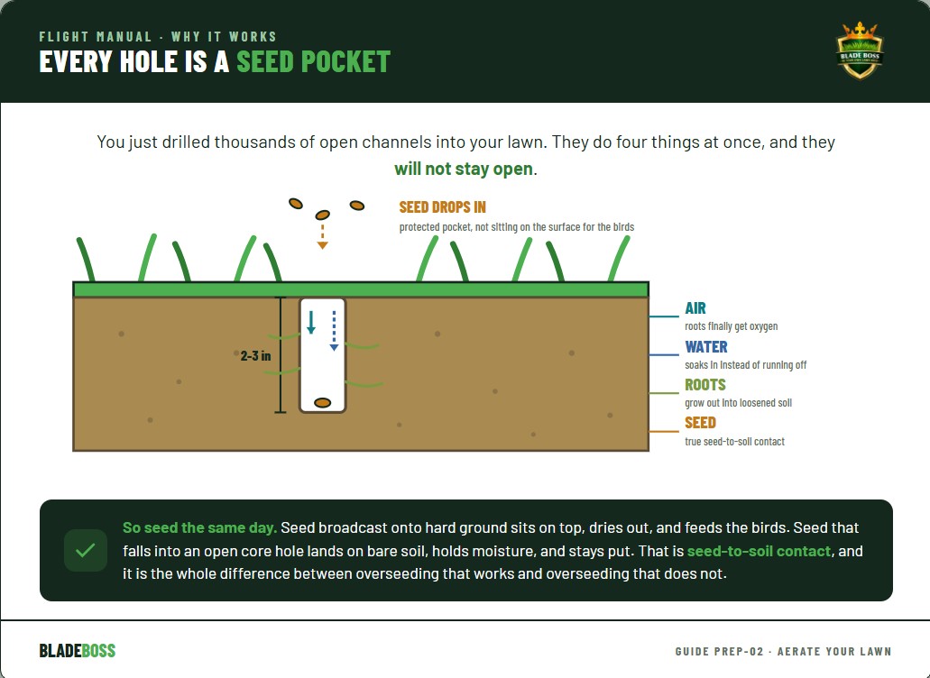 Diagram of an open core aeration hole showing air, water, and roots reaching the soil and grass seed falling into the protected pocket