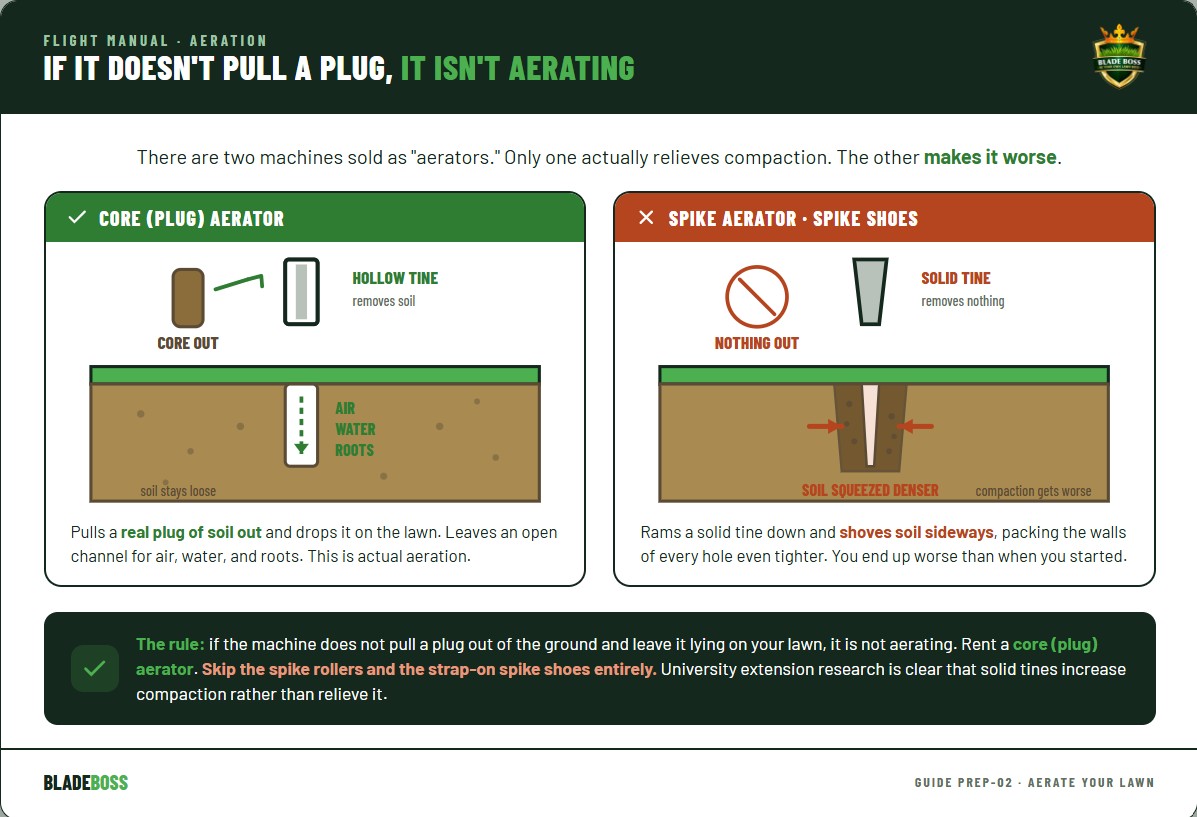 Diagram comparing core aeration pulling a soil plug out versus spike aeration compressing soil sideways and worsening compaction