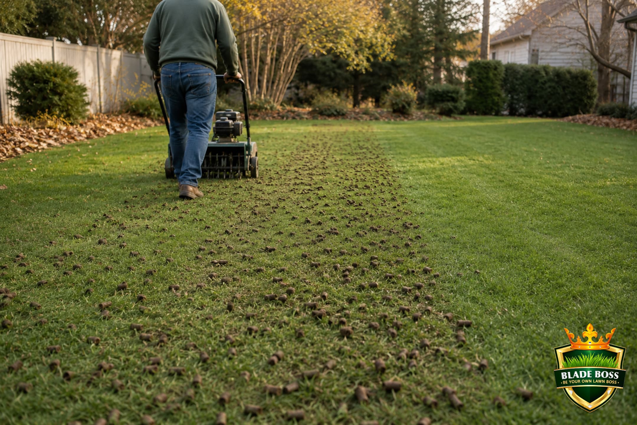 Walk-behind core aerator mid-pass pulling soil plugs and leaving them scattered across the lawn