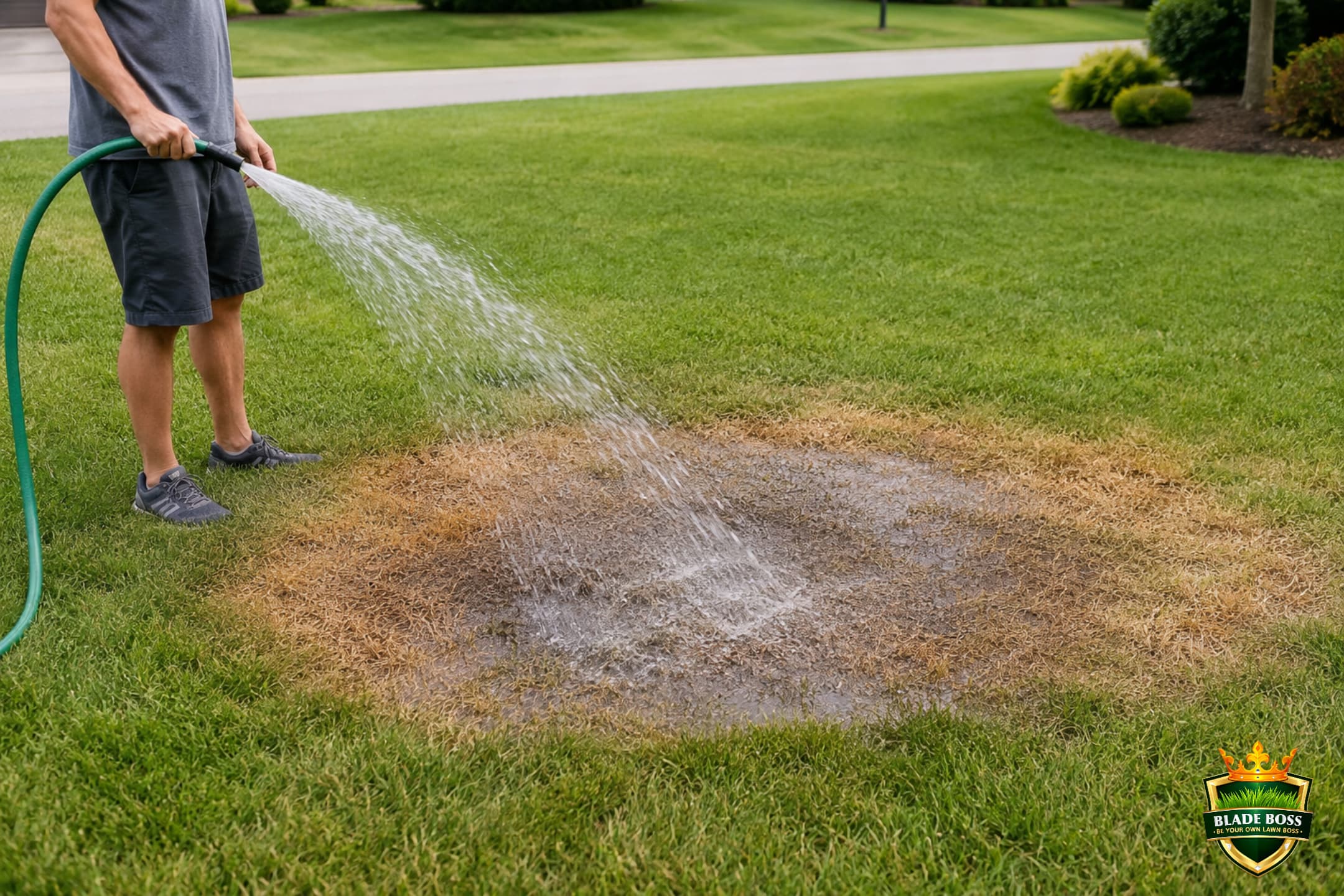 A person deeply watering a yellowed fertilizer-burned patch of lawn with a garden hose, water soaking into the affected grass