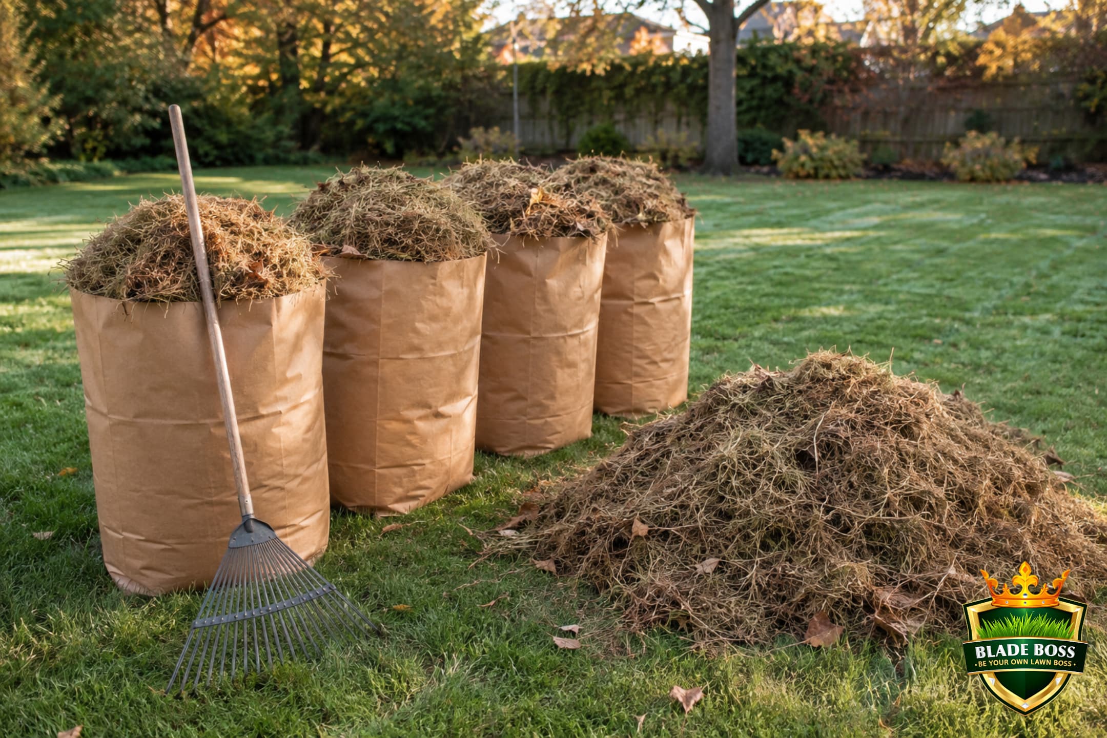 Full lawn-and-leaf bags of brown thatch removed from a lawn after dethatching