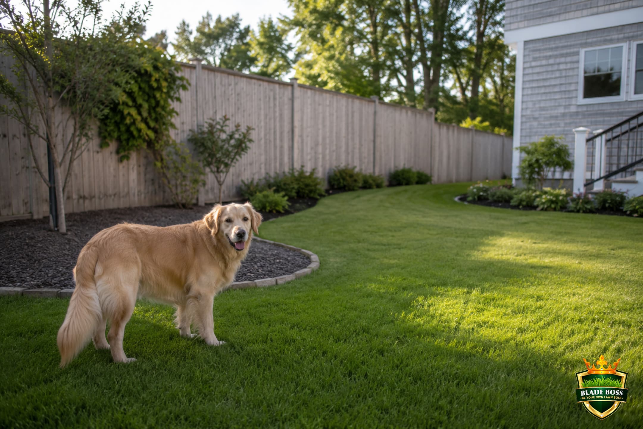 A dog on a healthy green lawn next to a small designated gravel potty area at the edge of the yard