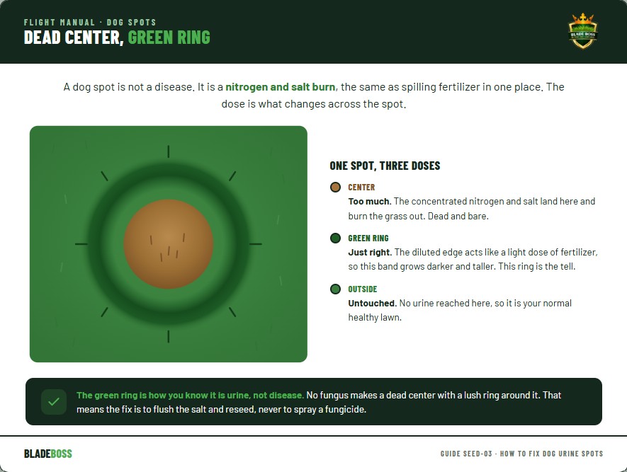 Diagram showing why dog urine kills grass: a concentrated center burned out by nitrogen and salt, surrounded by a dark green ring where the diluted edge over-fertilizes the grass