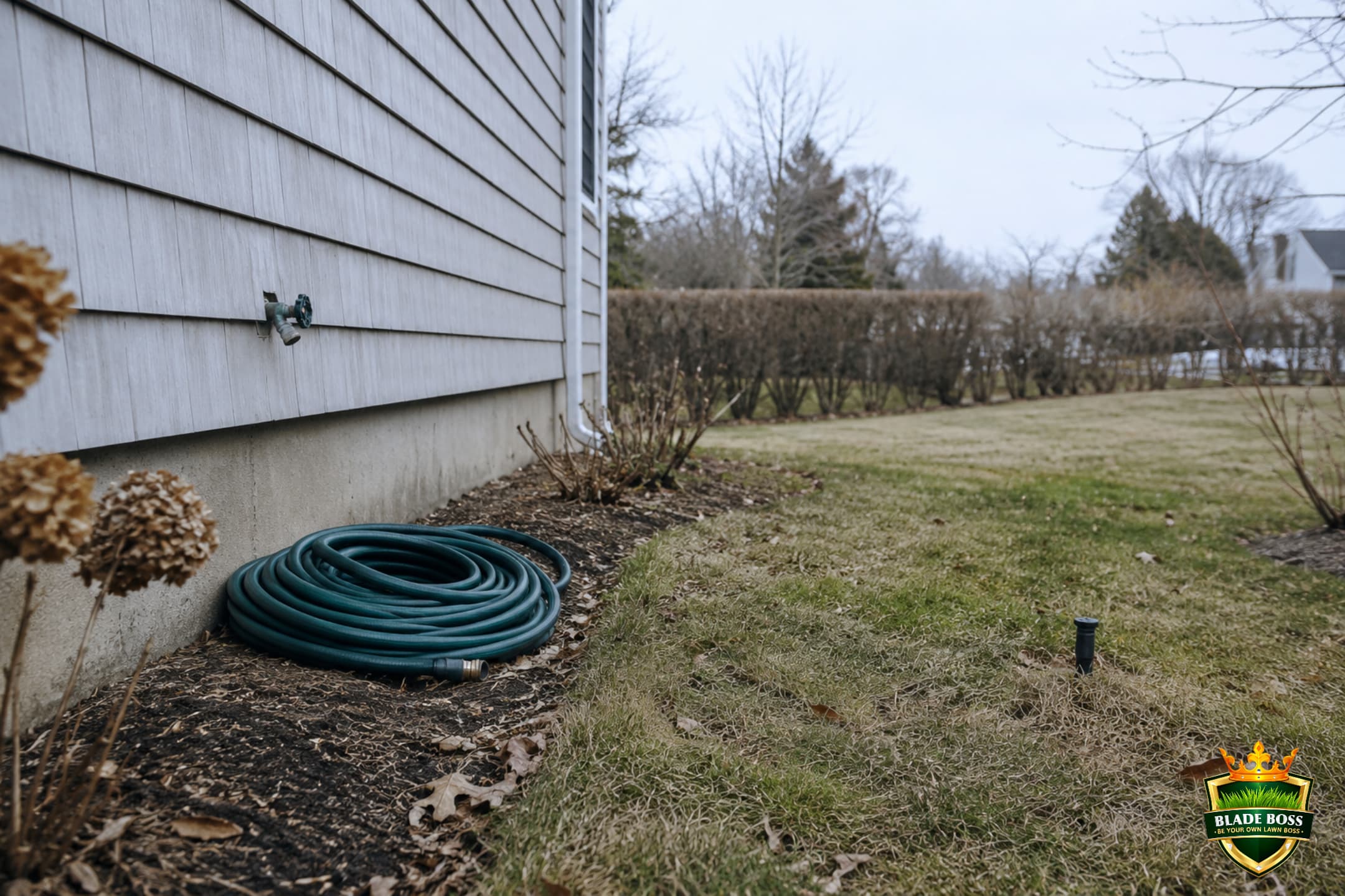 A garden hose drained, coiled, and disconnected from an outdoor spigot beside a dormant late-fall lawn