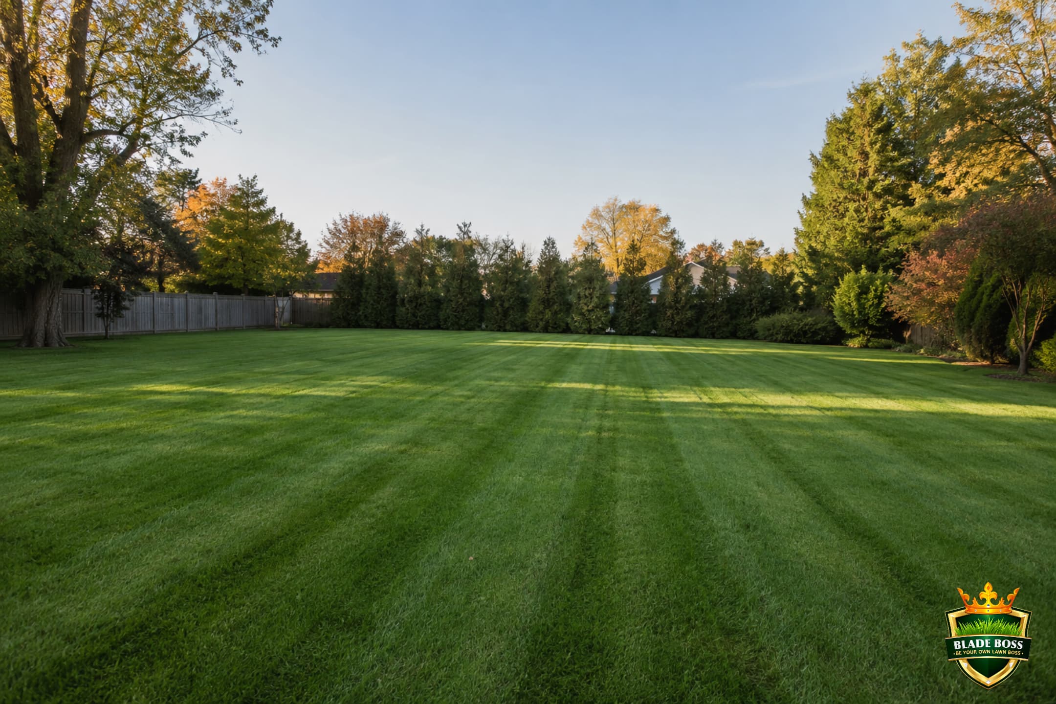 Freshly mowed dry suburban lawn in early morning light with no dew, ready for granular fertilizer