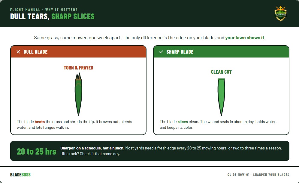 Comparison diagram showing a torn, frayed, browning grass tip cut by a dull blade next to a clean, flat cut from a sharp blade, with a note that a clean cut heals in a day while a shredded tip loses water and invites disease