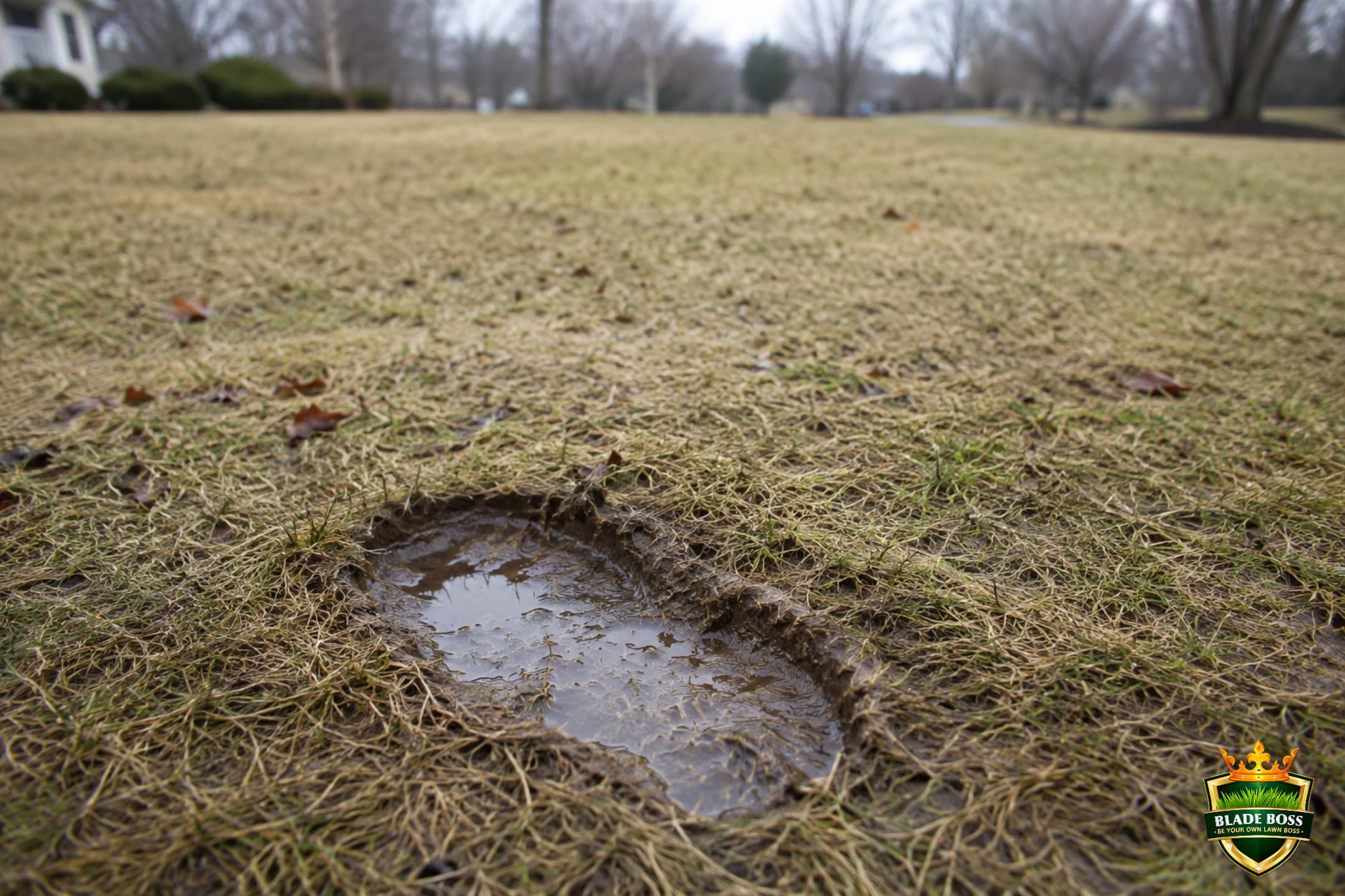 A boot footprint pressed into soft, soggy, still-dormant early spring turf, the depression holding water, showing the ground is too wet to work