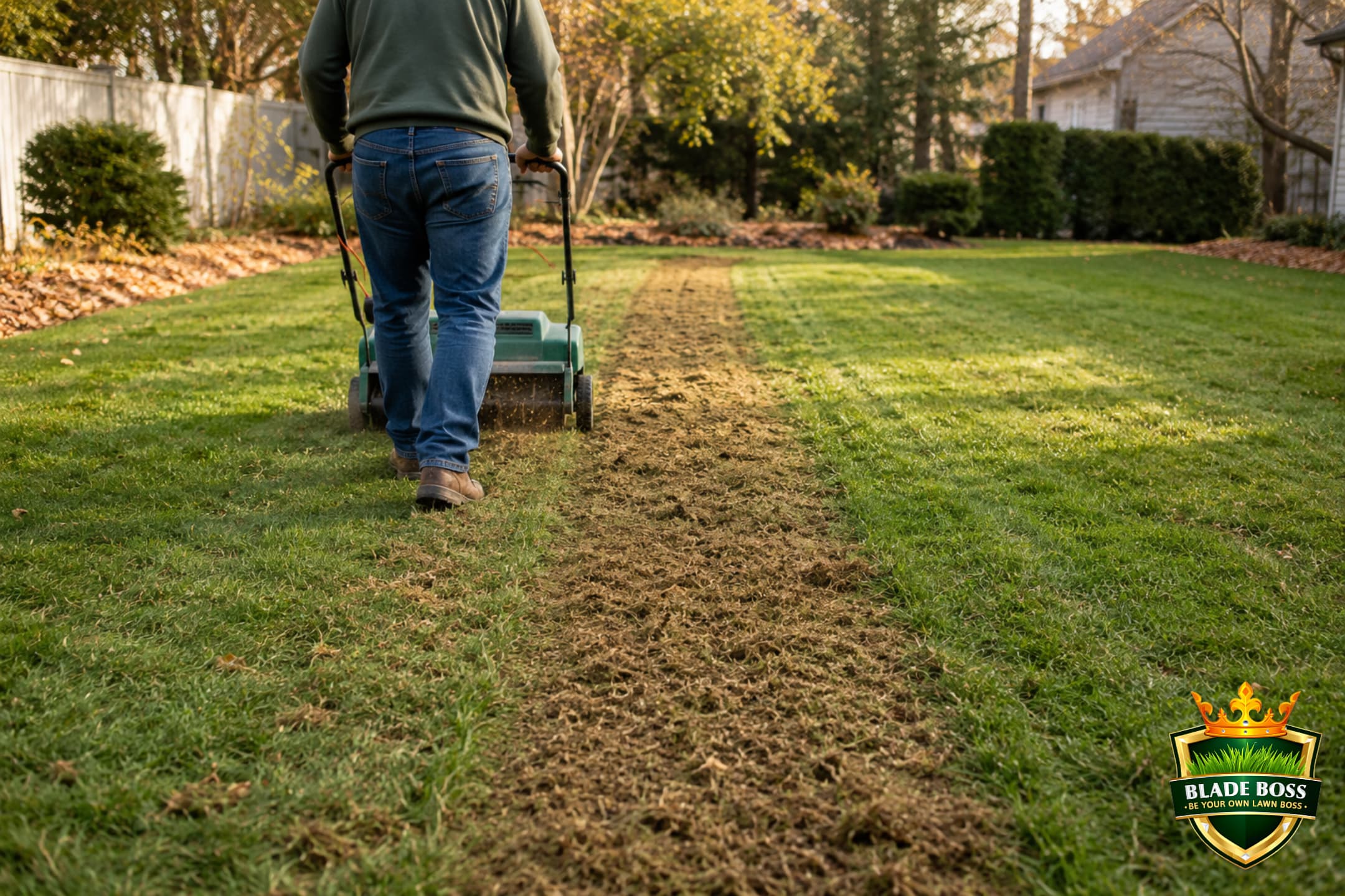 Electric lawn dethatcher scarifier pulling brown thatch to the surface mid-pass, leaving a clear raked strip