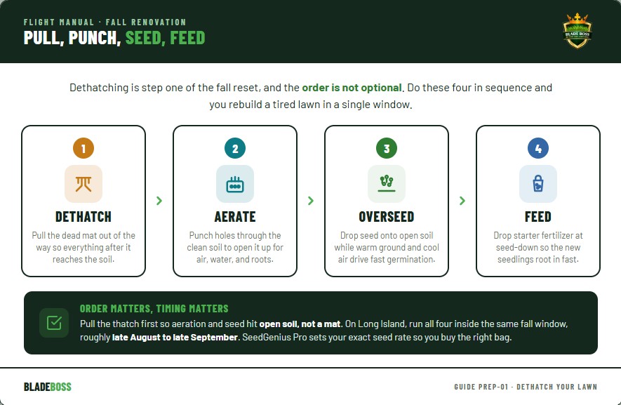 Fall lawn renovation sequence diagram showing the correct order: dethatch, then aerate, then overseed, then apply starter fertilizer