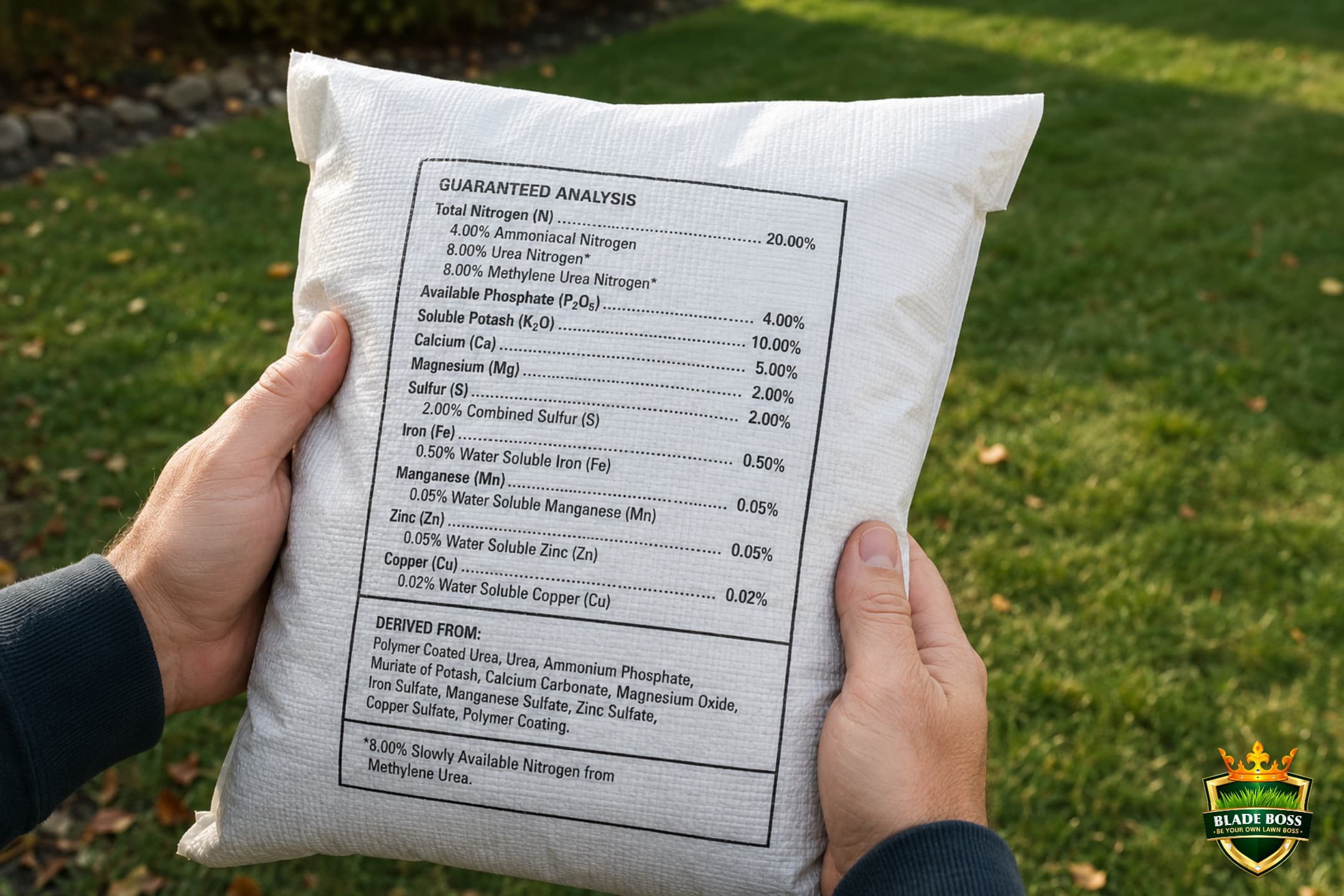Close-up of hands holding a granular lawn fertilizer bag showing the NPK nutrient analysis label