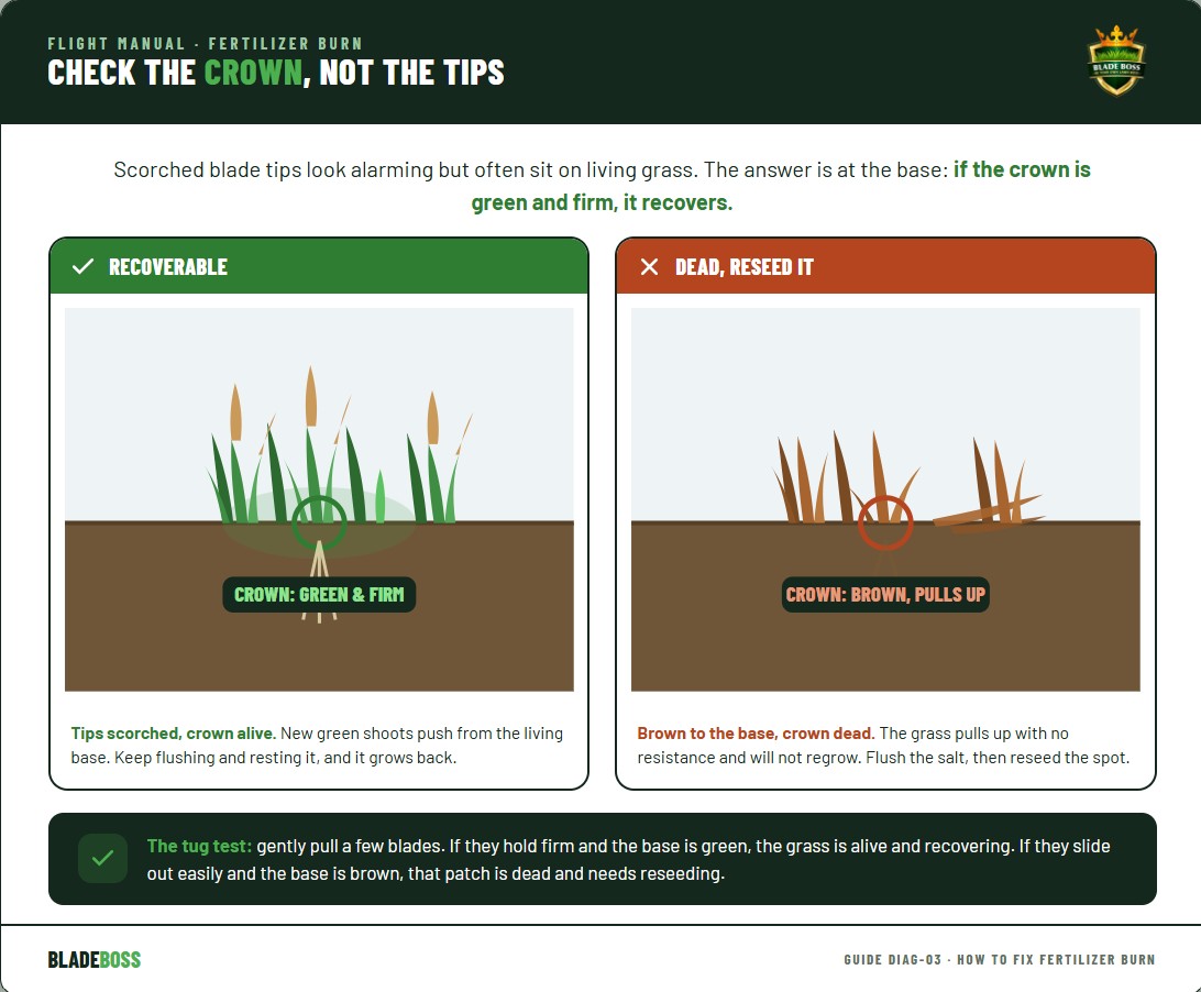 Diagram comparing recoverable fertilizer burn where only the blade tips are scorched but the crown at the base is still green and alive, versus dead turf where the crown is brown and the grass will not regrow and needs reseeding