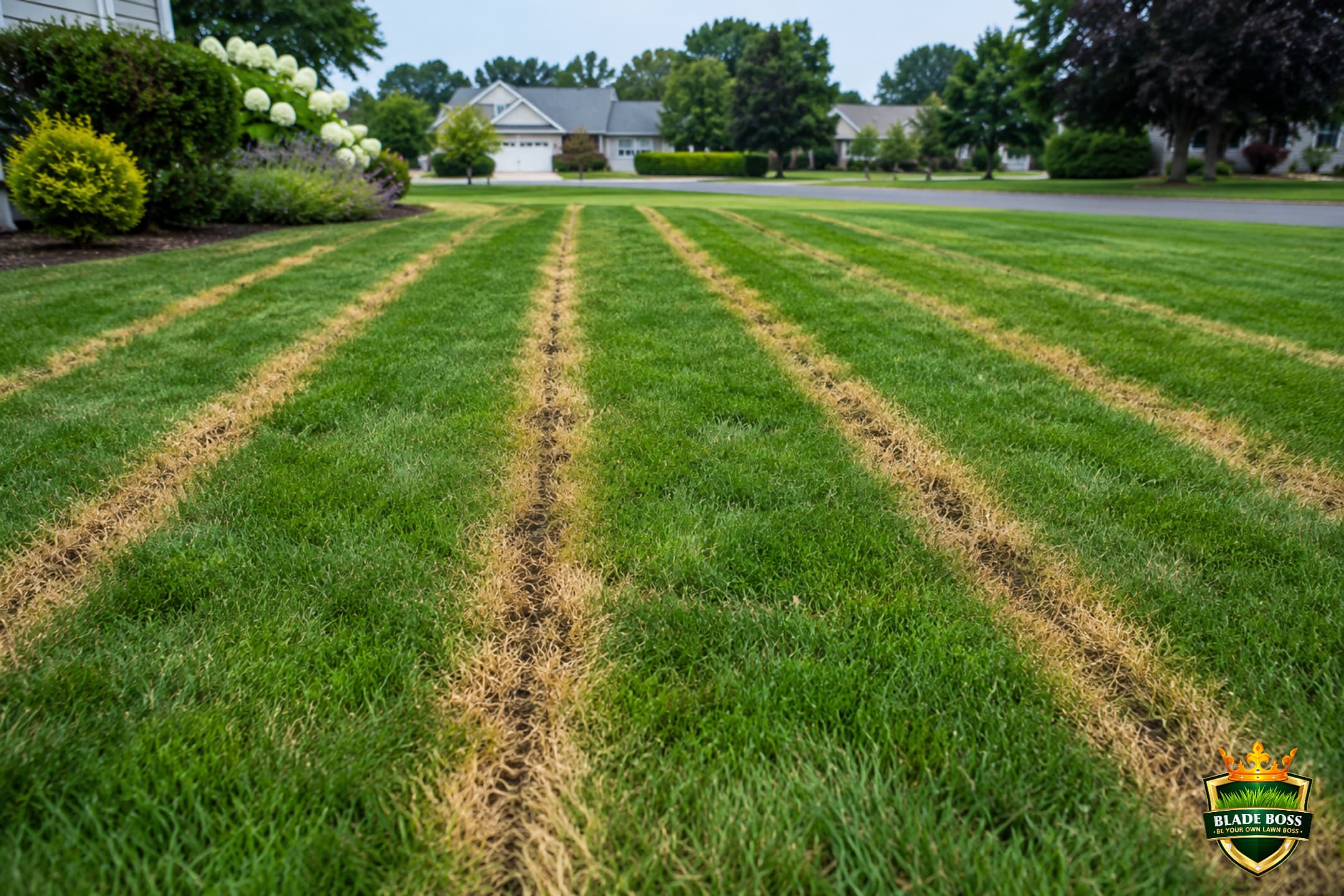 A lawn showing fertilizer burn in straight parallel stripes and spreader-wheel lines, yellow and brown scorched rows against healthy green grass
