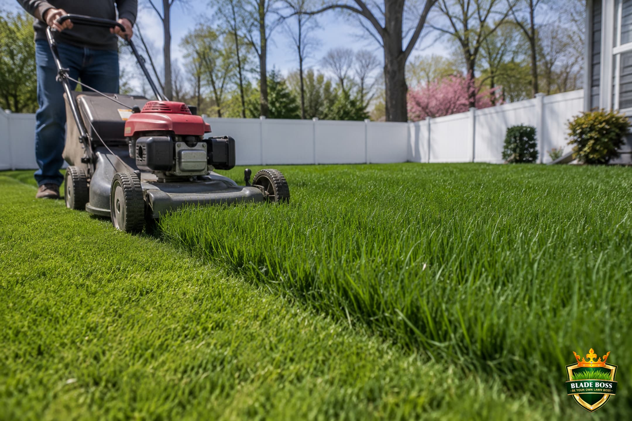 A lush young new lawn being mowed for the first time, healthy green grass a few inches tall with a clean cut line, coming in thick