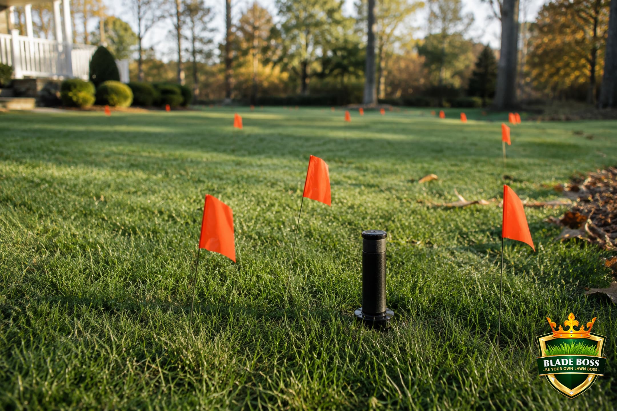 Orange marking flags placed around a pop-up sprinkler head in a lawn before dethatching