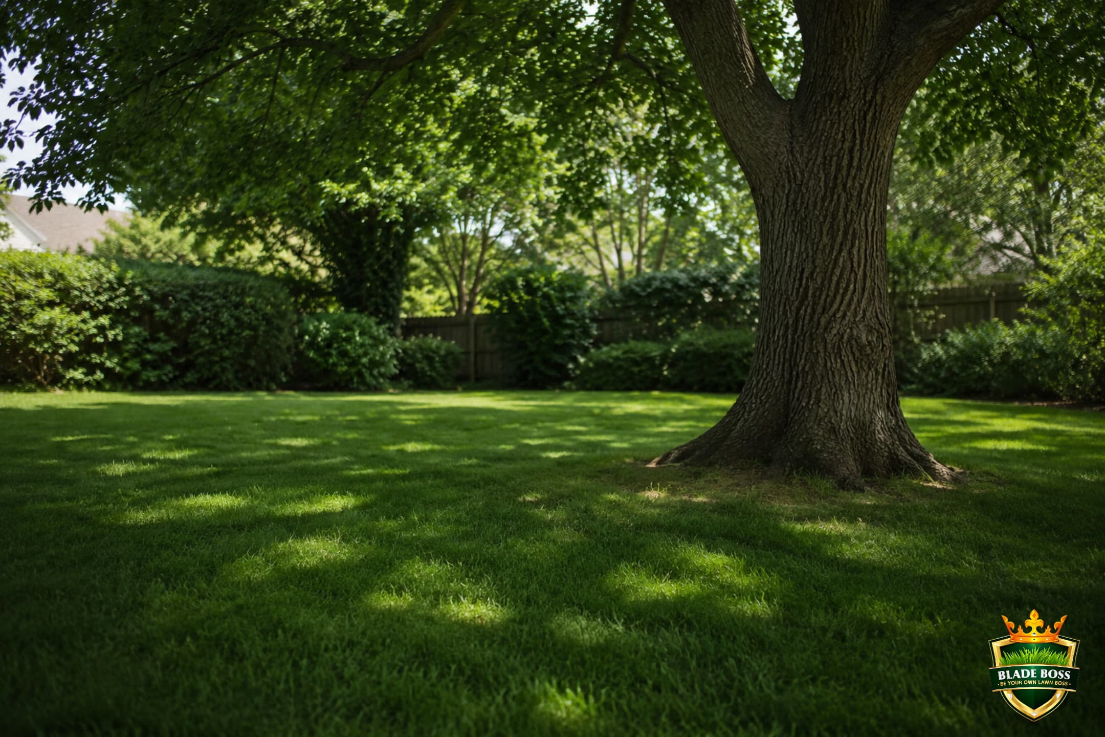 Fine-bladed grass growing in dappled filtered light beneath a large tree, established in part shade