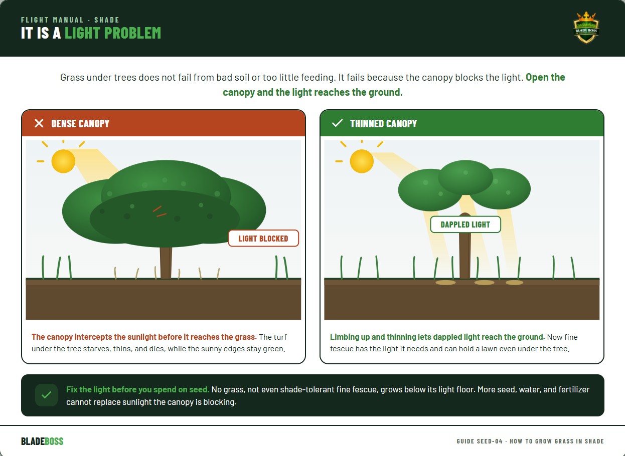 Diagram showing that dense tree canopy blocks sunlight so grass fails, while thinning and limbing up the canopy lets dappled light reach the ground so shade-tolerant grass can grow