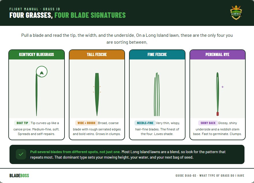 Diagram comparing the blade signatures of four cool-season grasses: Kentucky bluegrass boat-shaped tip, tall fescue wide coarse rough blade, fine fescue needle-thin blade, and perennial ryegrass glossy underside