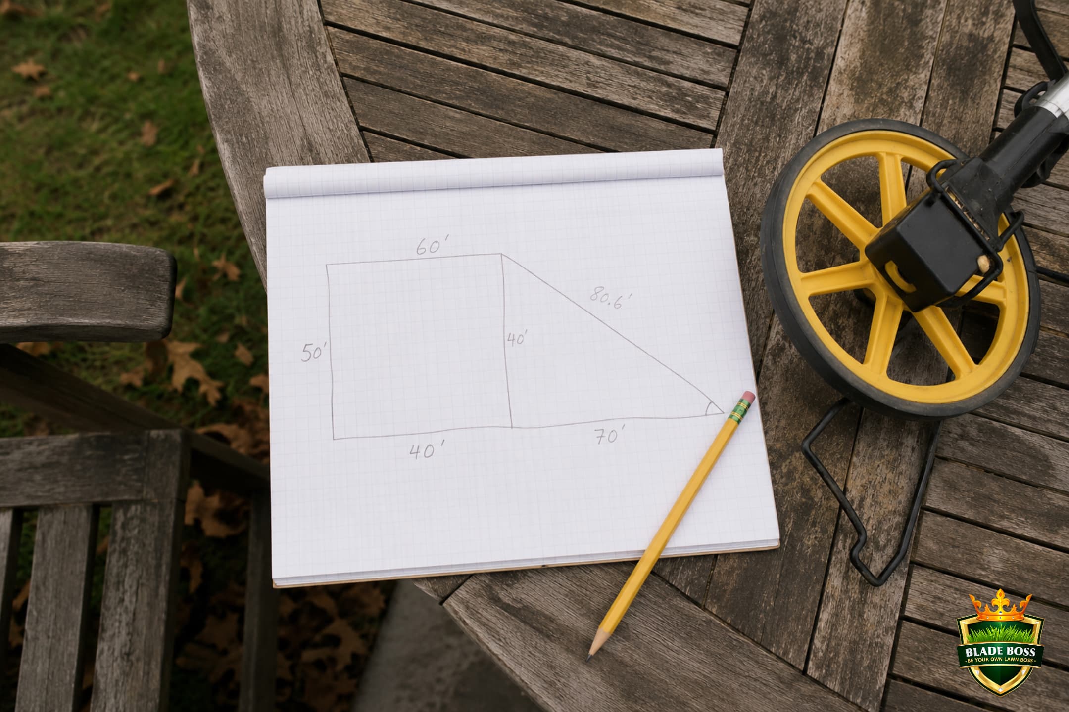 Hand-drawn sketch of a lawn on graph paper divided into a rectangle and triangle with measurements, a measuring wheel beside it