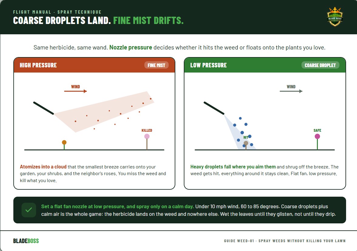 Diagram showing high-pressure fine mist drifting off target onto gardens versus low-pressure coarse droplets landing on the intended weeds