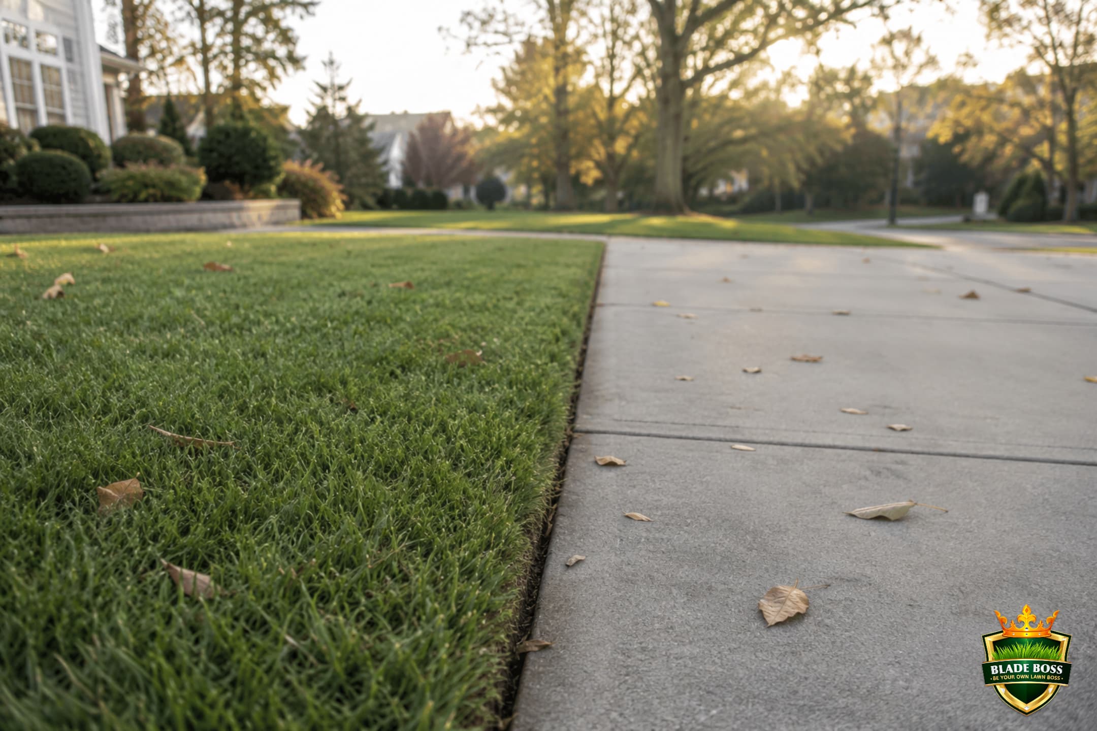 The clean boundary line where a green lawn meets a concrete driveway, showing the hardscape that must be subtracted