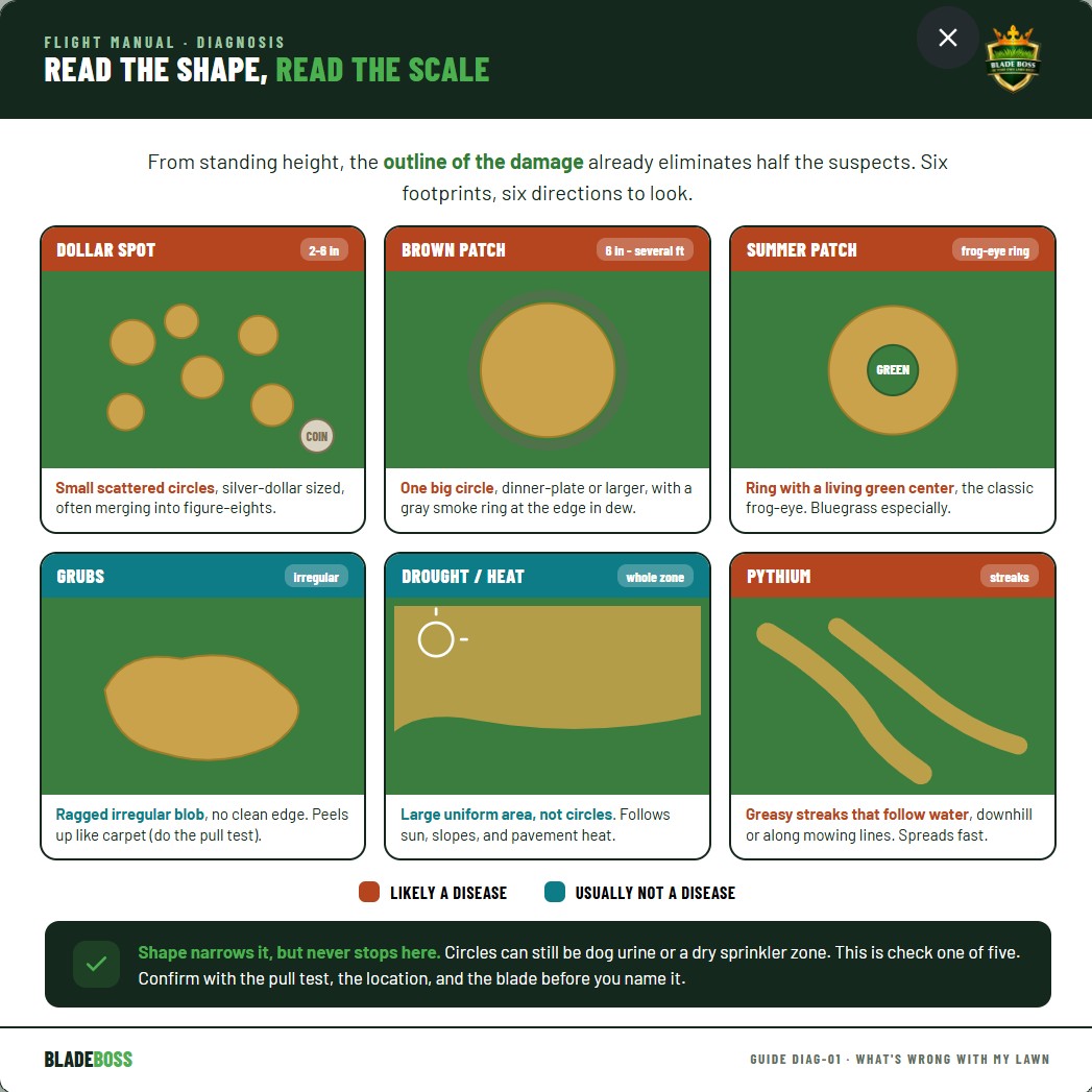 Diagram comparing lawn damage patch shapes and scale: small silver-dollar dollar spot circles, large dinner-plate brown patch, frog-eye summer patch rings, irregular grub blobs, and pythium streaks