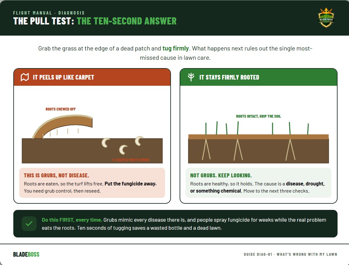 Diagram of the lawn pull test: damaged turf lifting like a carpet with severed roots and C-shaped white grubs in the soil indicating grubs, versus turf staying firmly rooted indicating disease or drought