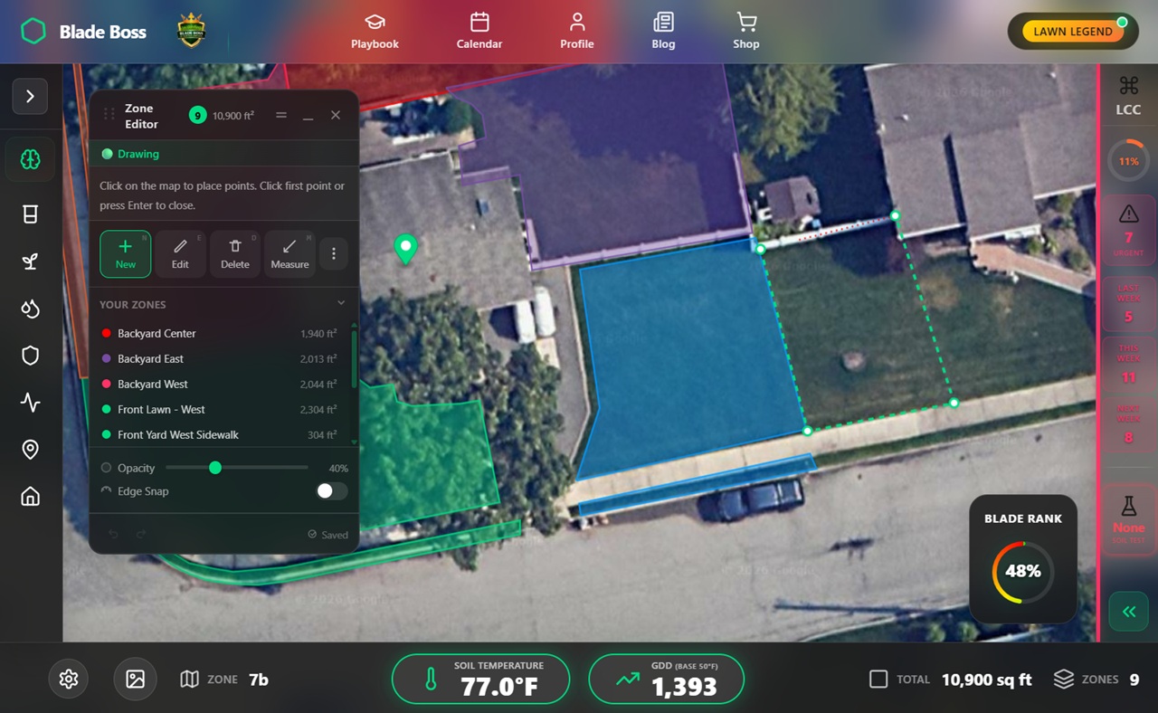Lawn Map Pro zone editor mid-draw, placing points around a lawn on satellite imagery to trace and measure it