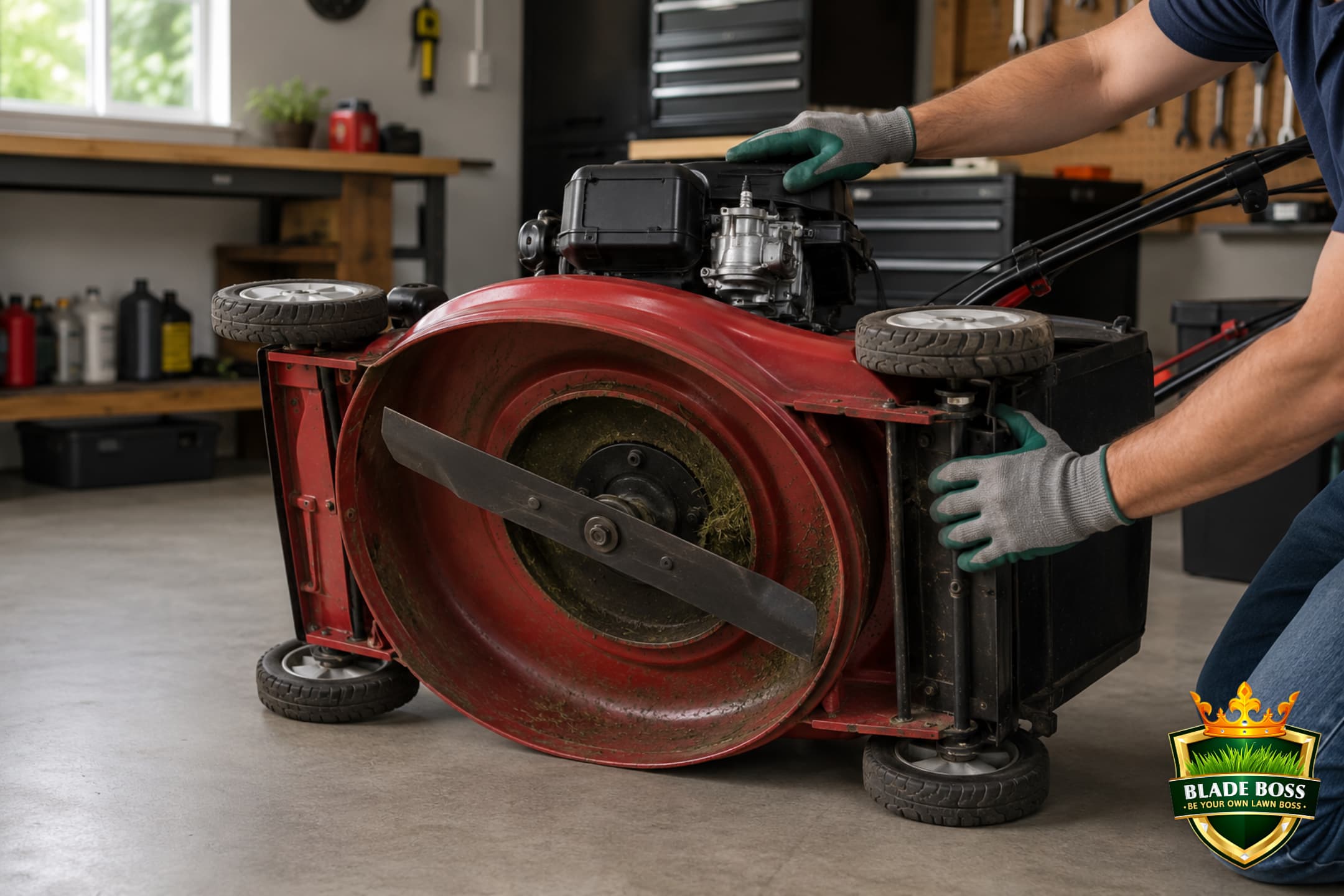 A walk-behind lawn mower tipped on its side with the air filter and carburetor side facing up and the underside cutting blade exposed