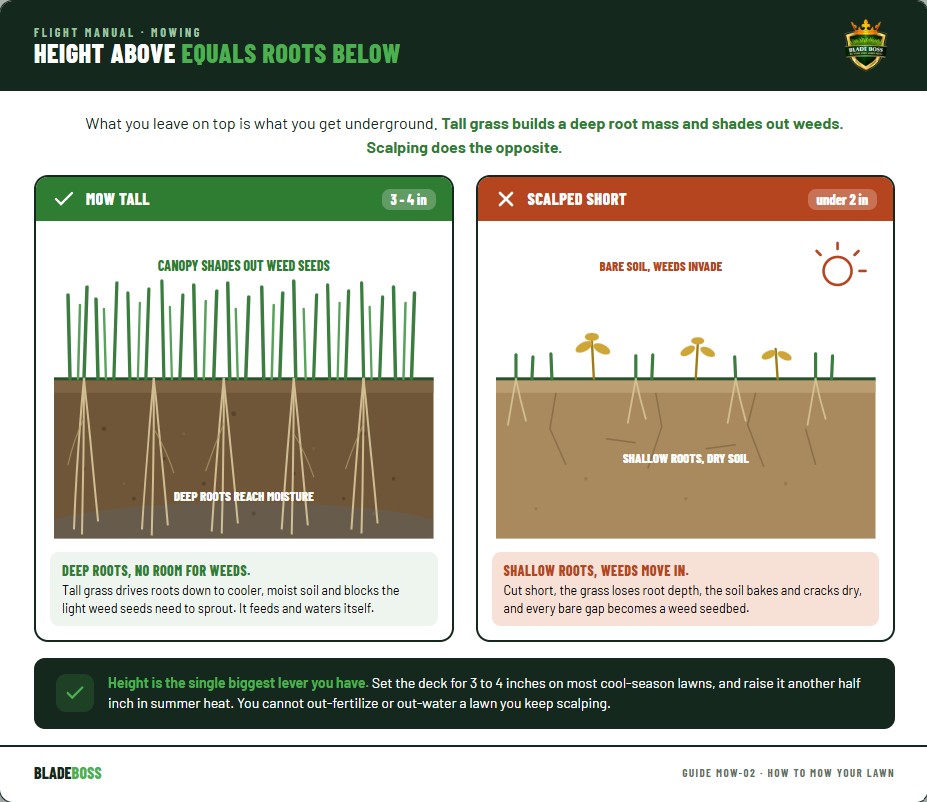 Diagram showing how taller mowing height produces deeper roots and shades out weeds, versus scalping short which produces shallow roots, exposed soil, and weed invasion